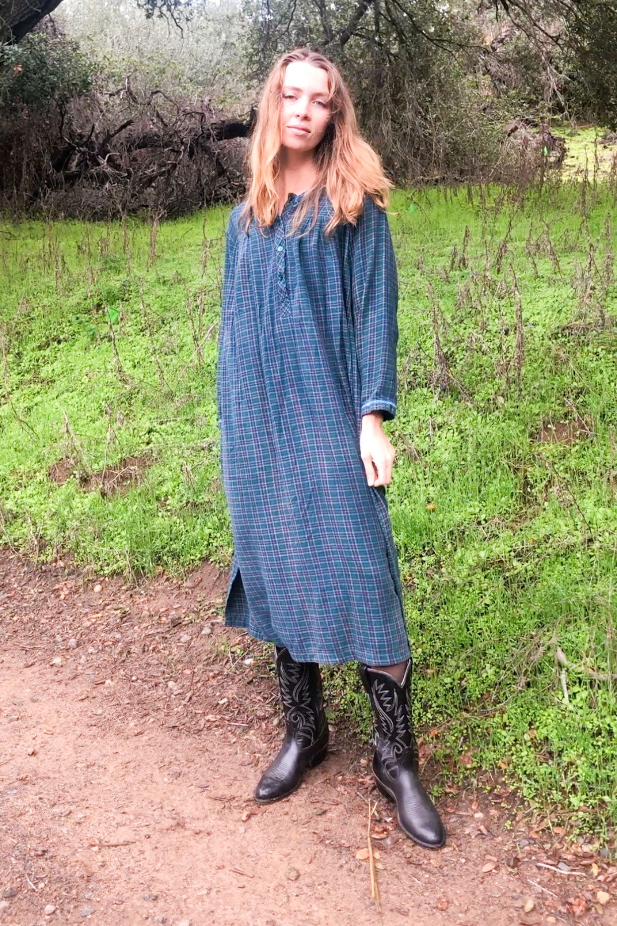 Indigo Plaid Flannel Long Sleeve Dress