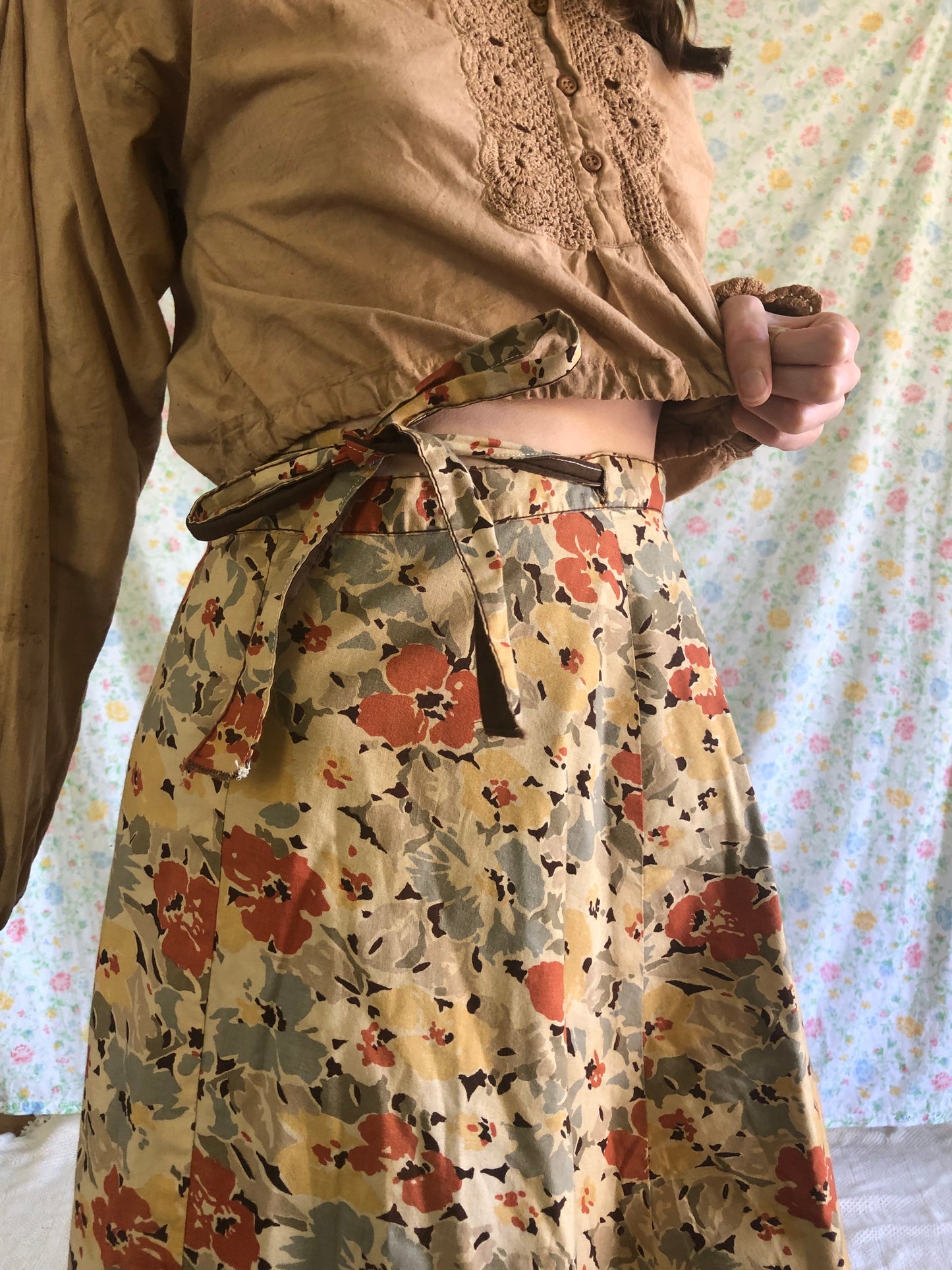 Chestnut Handsewn Floral Wrap Skirt