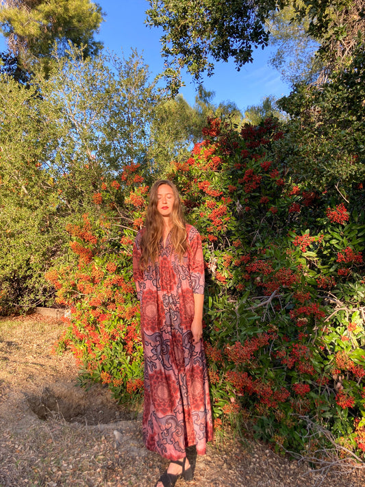 Lac & Sequoia Silk Pleated Maxi with Belt