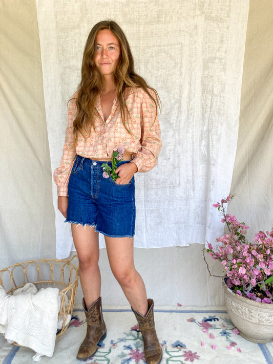 Cutch Floral Plaid Button Crop