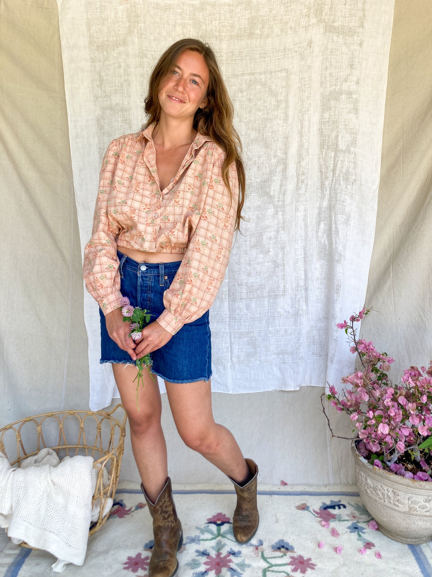 Cutch Floral Plaid Button Crop