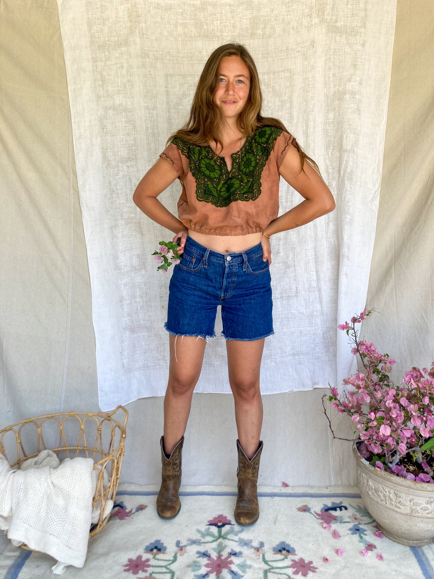 Cutch Green Emroidered Cropped Huipil