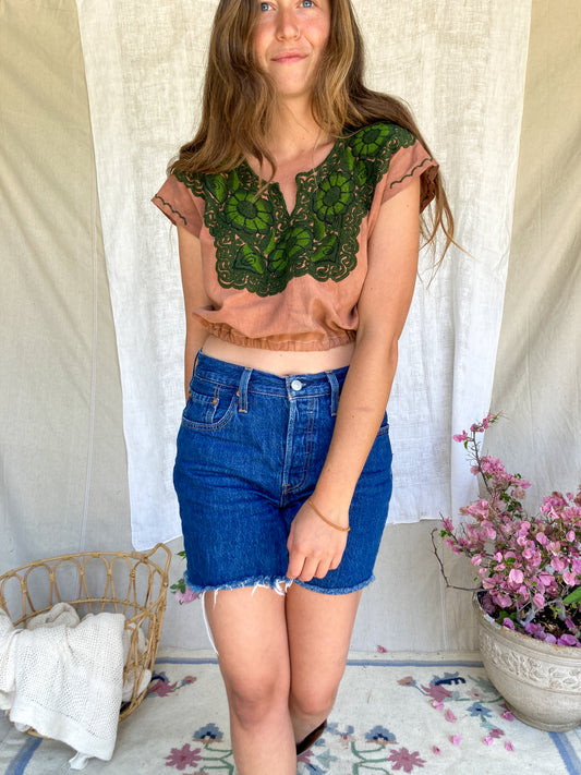 Cutch Green Emroidered Cropped Huipil