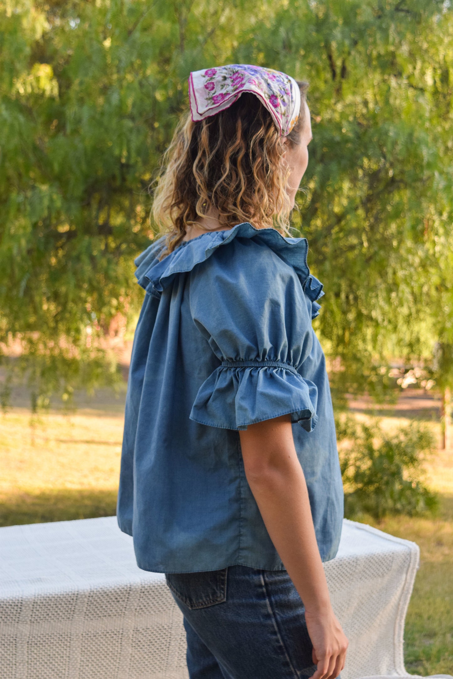 Indigo Ruffle Blouse