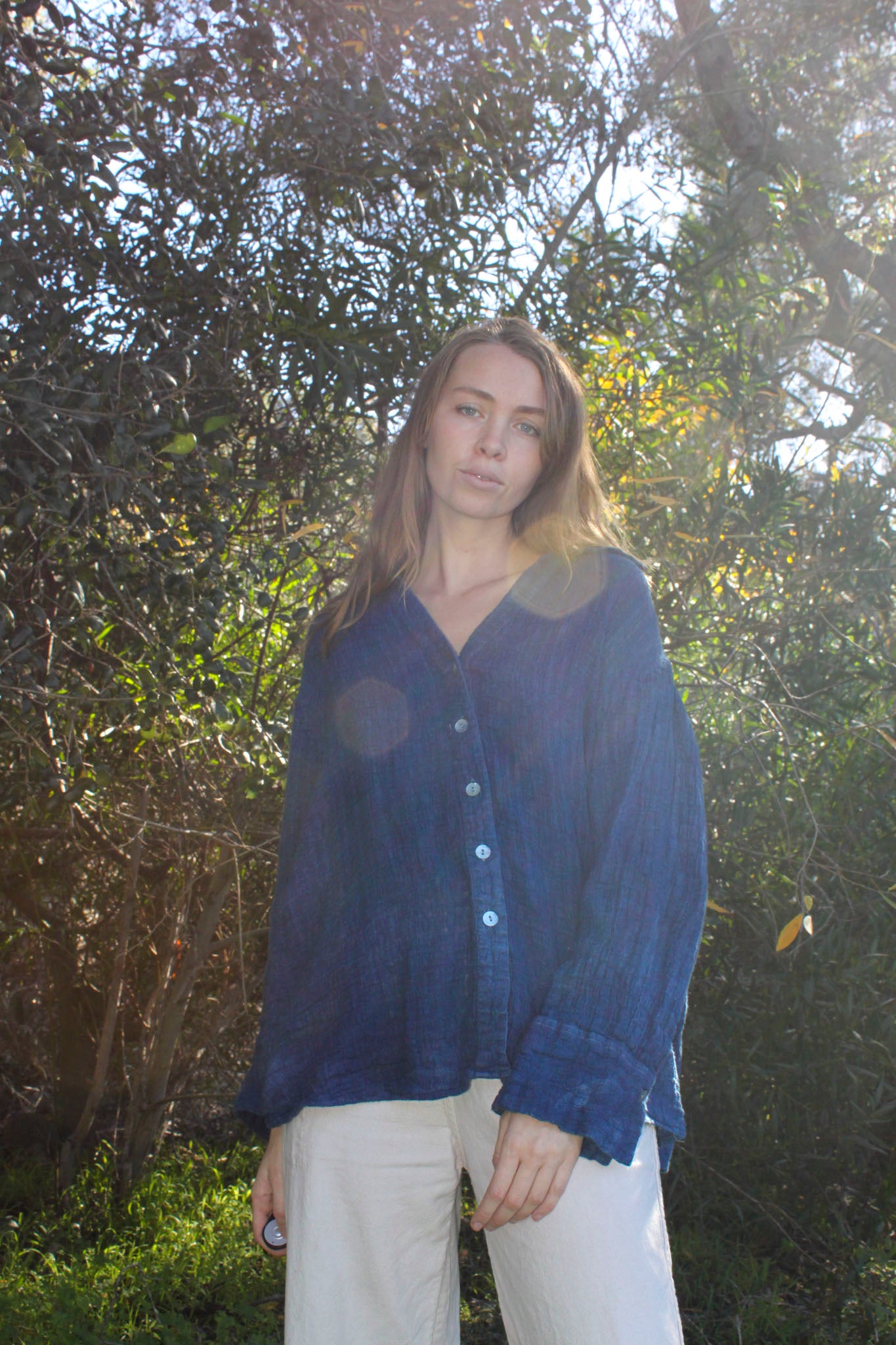 Indigo Gauze Long Sleeve Blouse