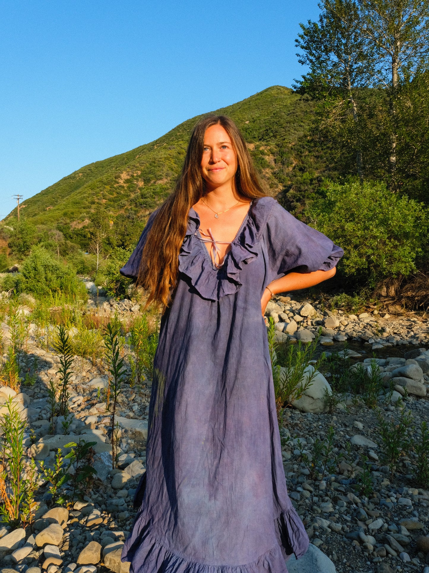 Indigo & Logwood Plunging Neck Maxi Dress