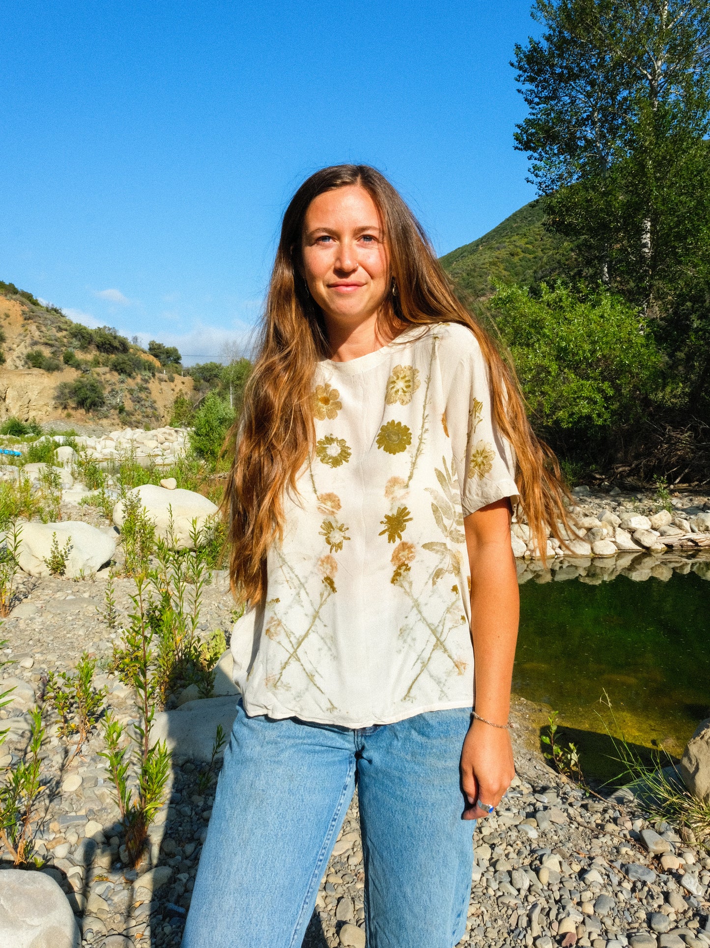 Silk Eco-printed Sheer Short Sleeve Blouse