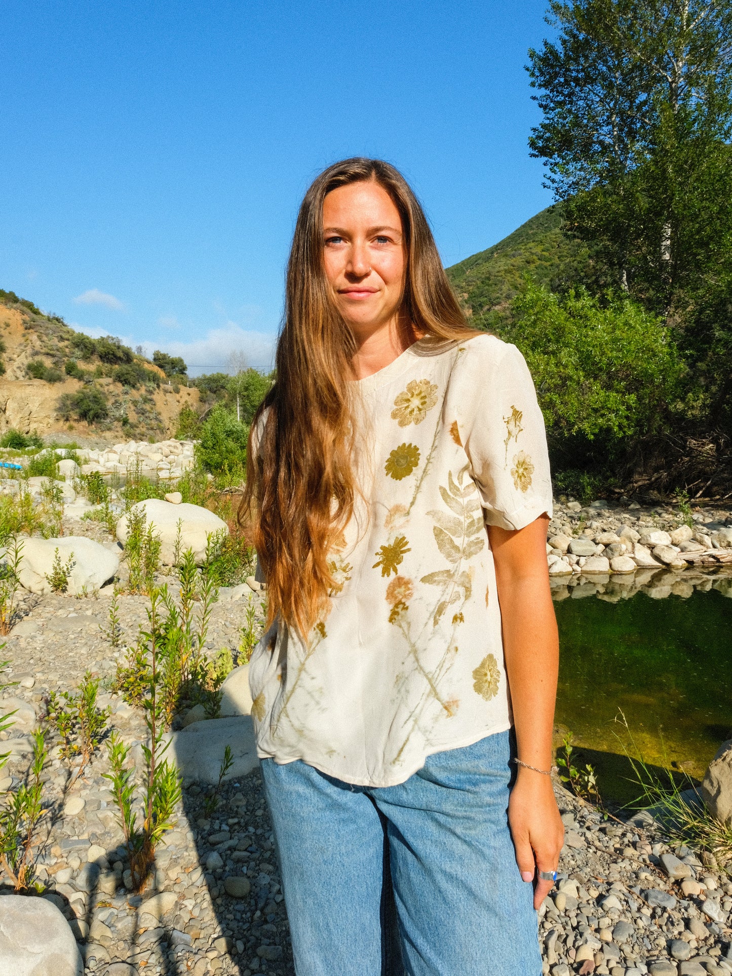 Silk Eco-printed Sheer Short Sleeve Blouse