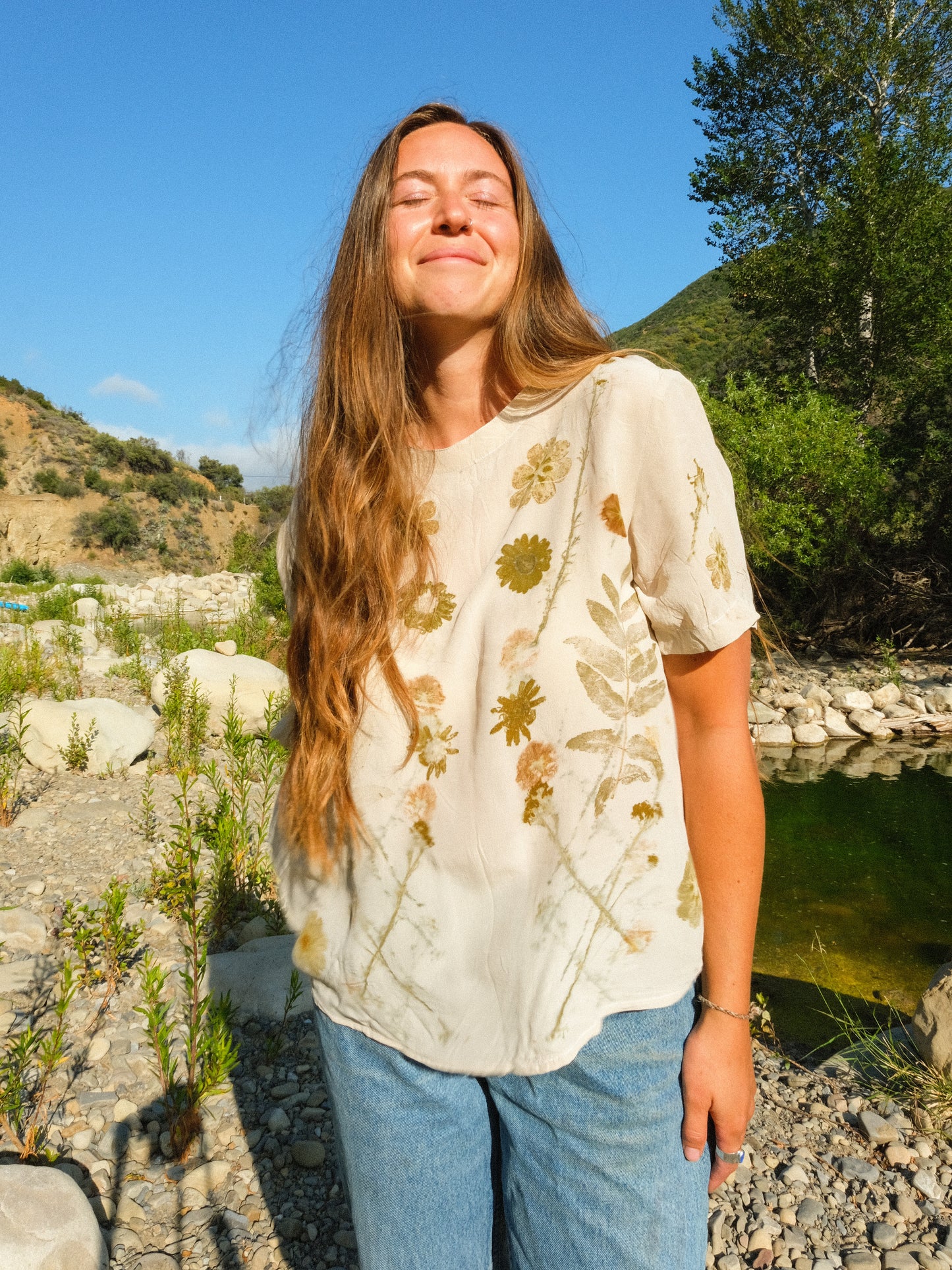 Silk Eco-printed Sheer Short Sleeve Blouse