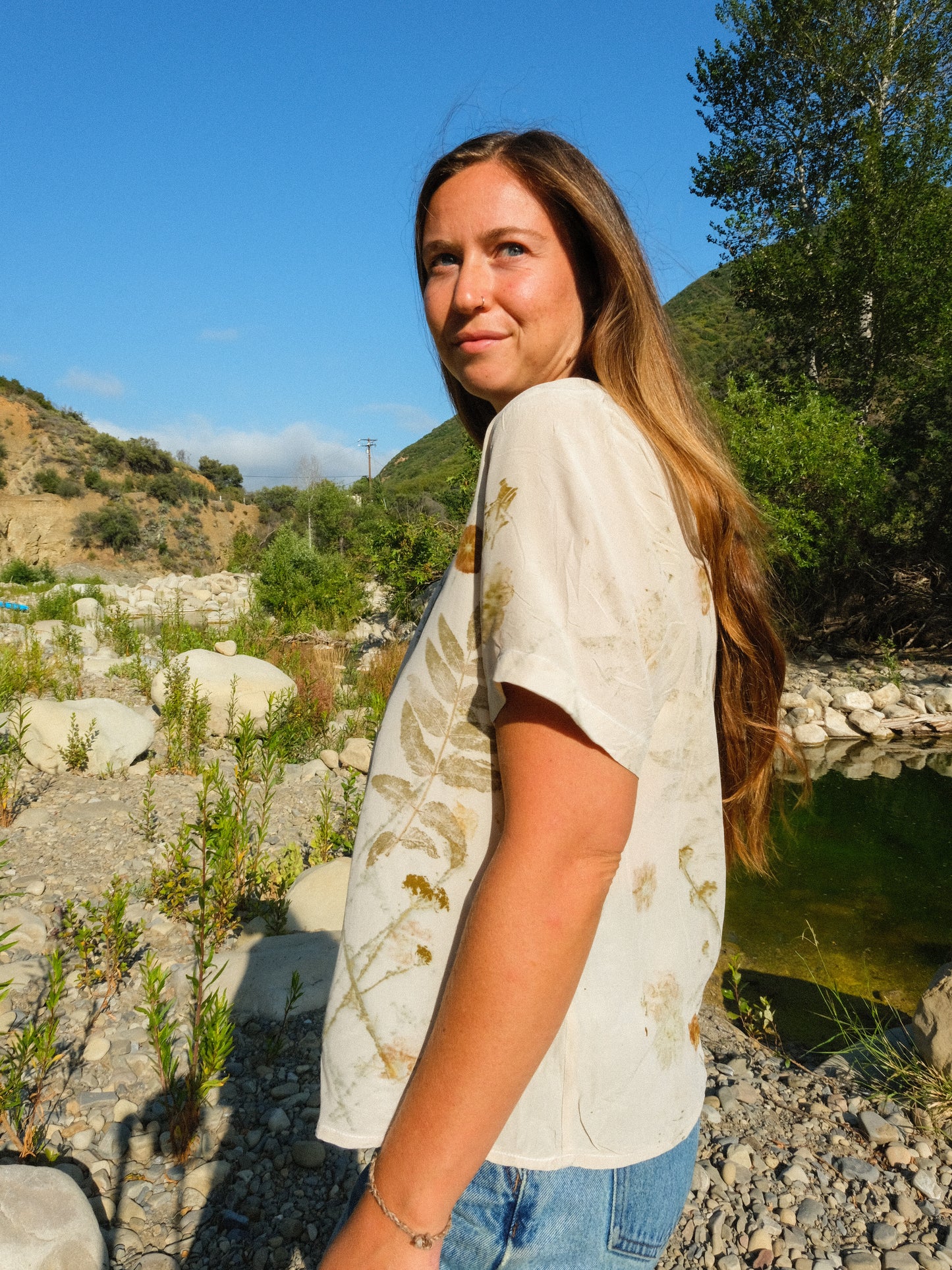 Silk Eco-printed Sheer Short Sleeve Blouse