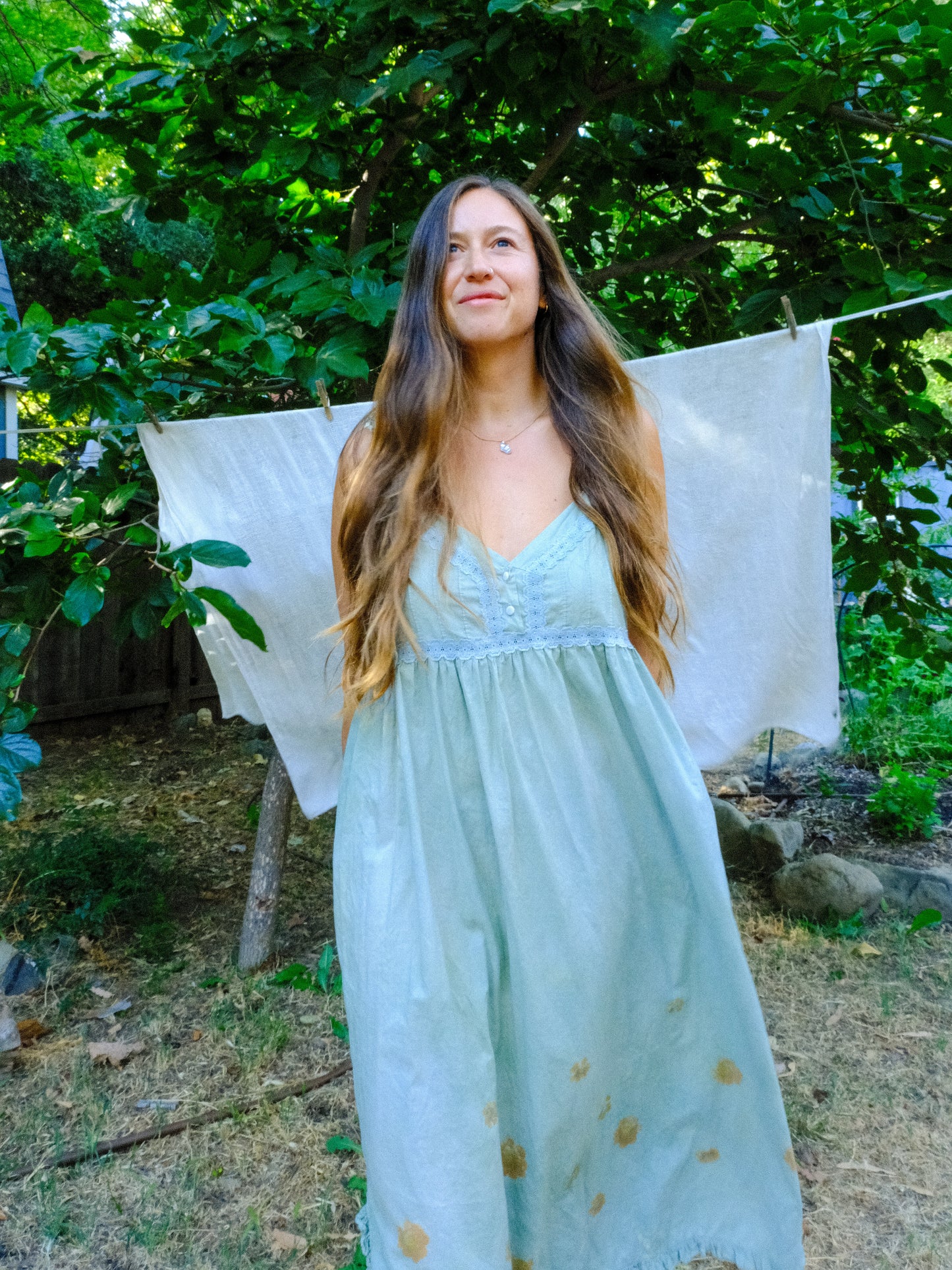 Chlorophyllin Eco-printed Cotton Empire Dress