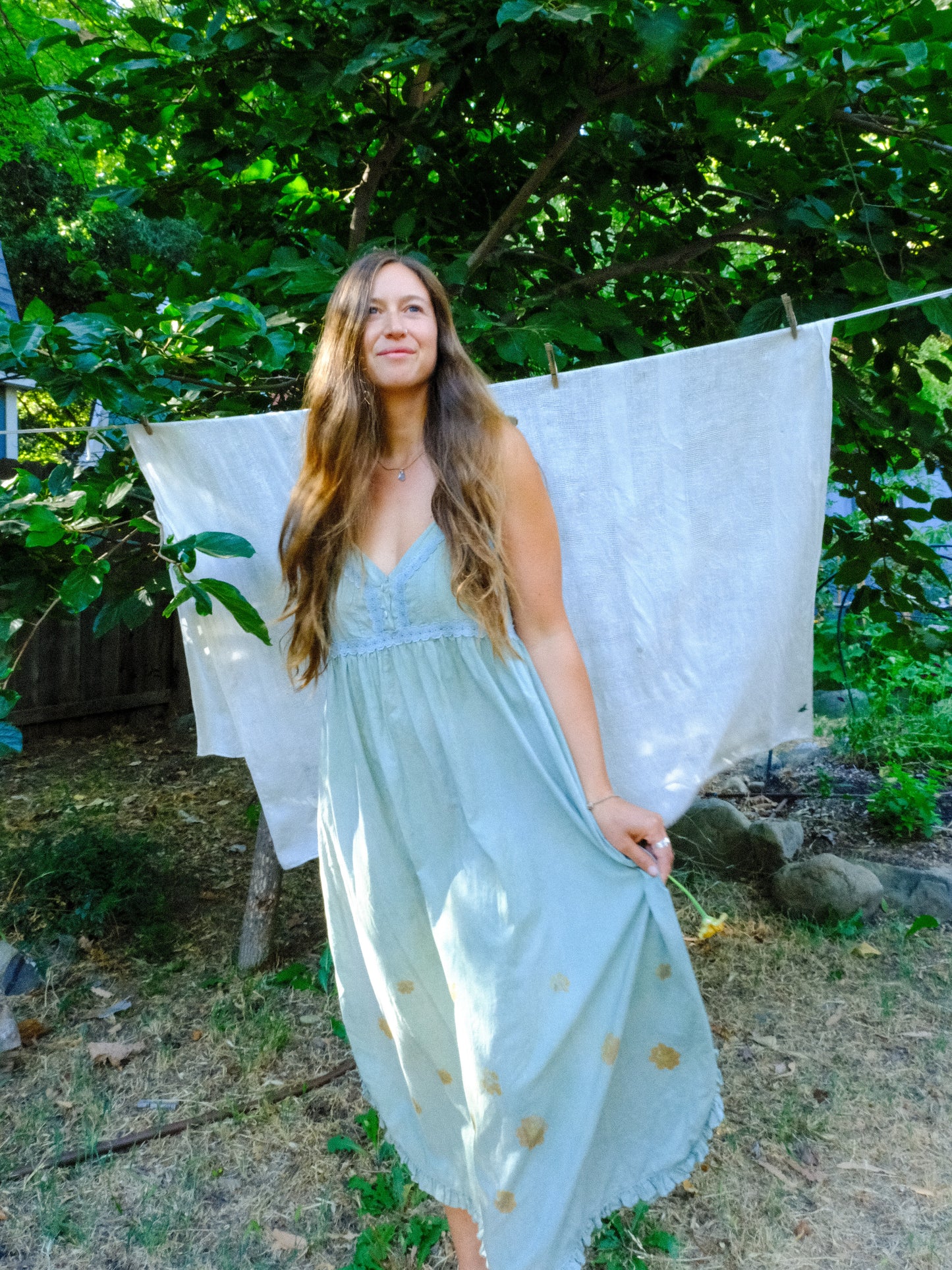 Chlorophyllin Eco-printed Cotton Empire Dress