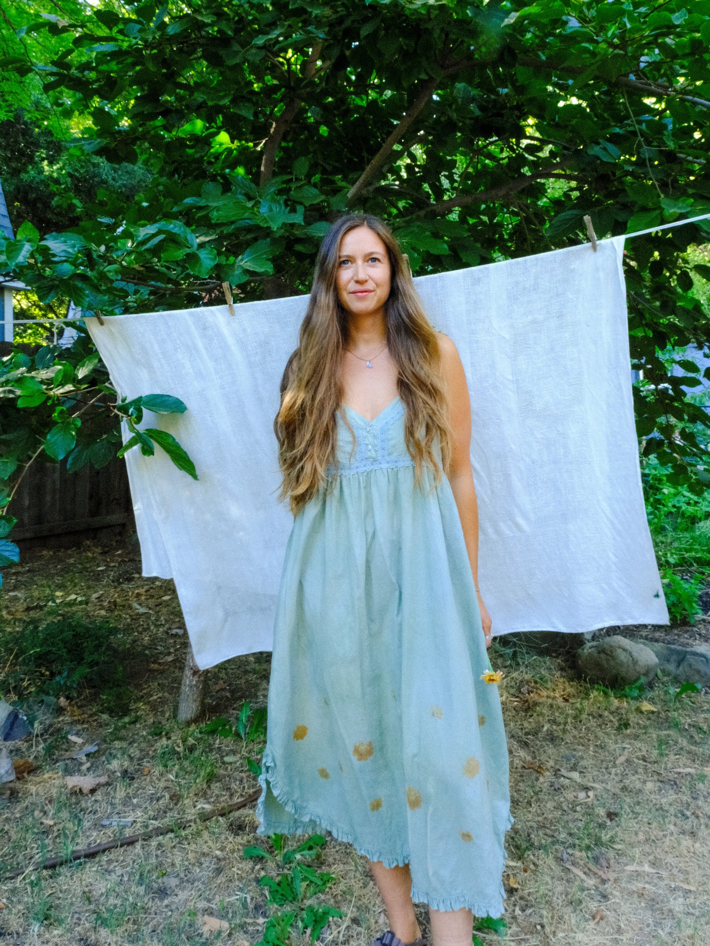 Chlorophyllin Eco-printed Cotton Empire Dress