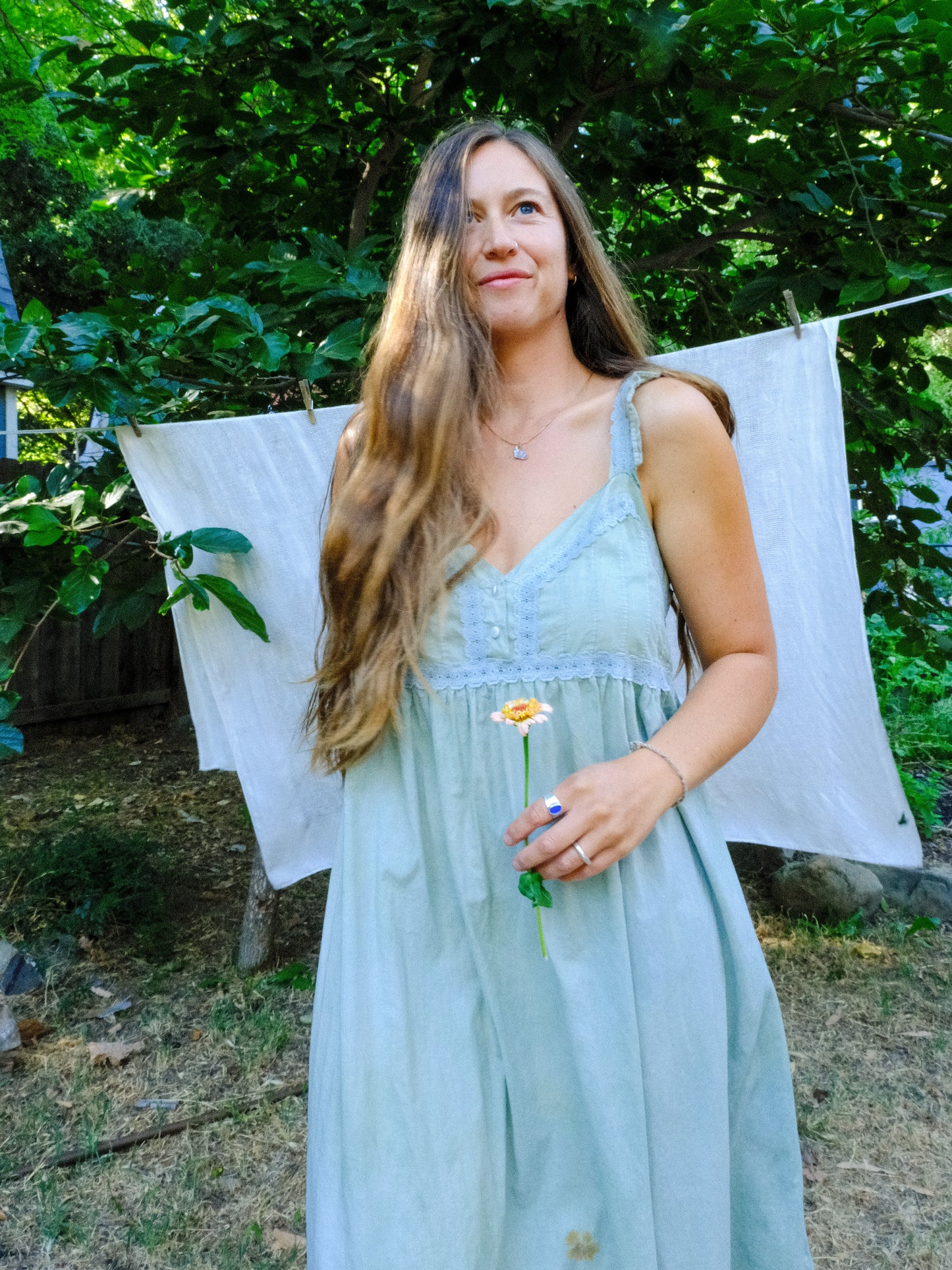 Chlorophyllin Eco-printed Cotton Empire Dress