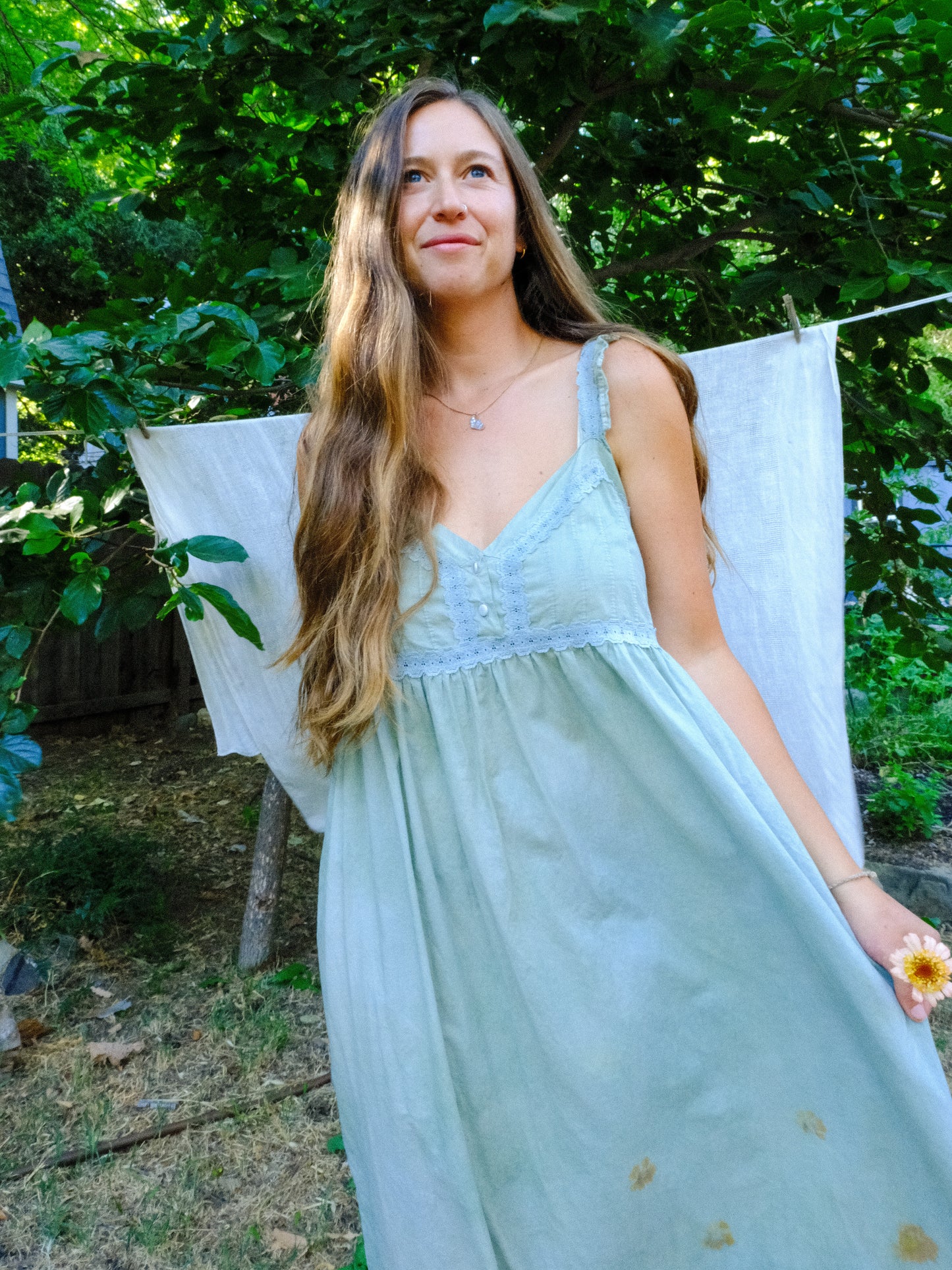 Chlorophyllin Eco-printed Cotton Empire Dress