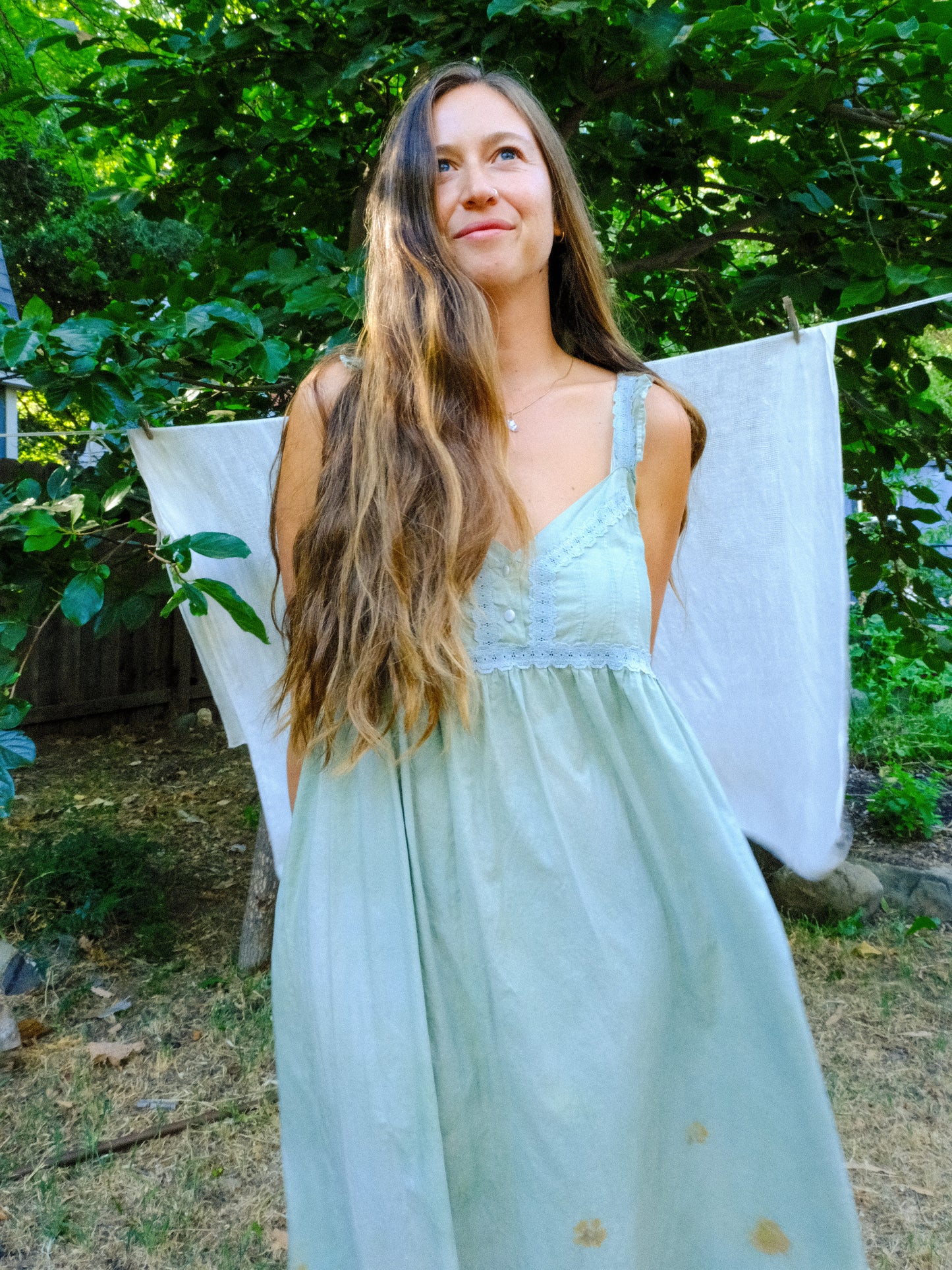 Chlorophyllin Eco-printed Cotton Empire Dress