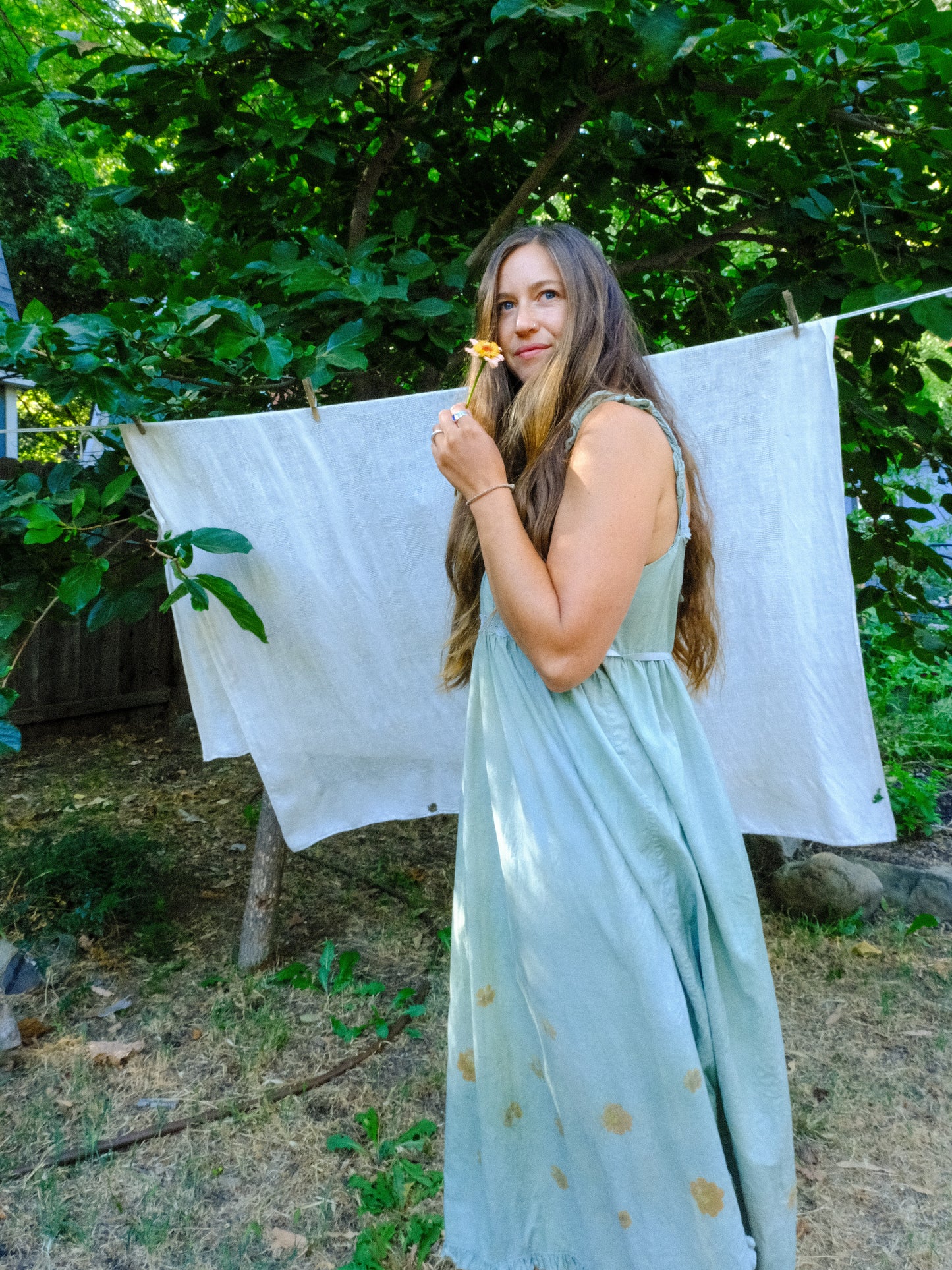 Chlorophyllin Eco-printed Cotton Empire Dress