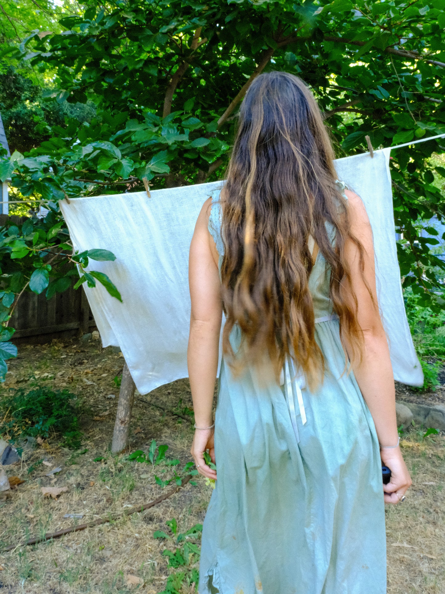 Chlorophyllin Eco-printed Cotton Empire Dress