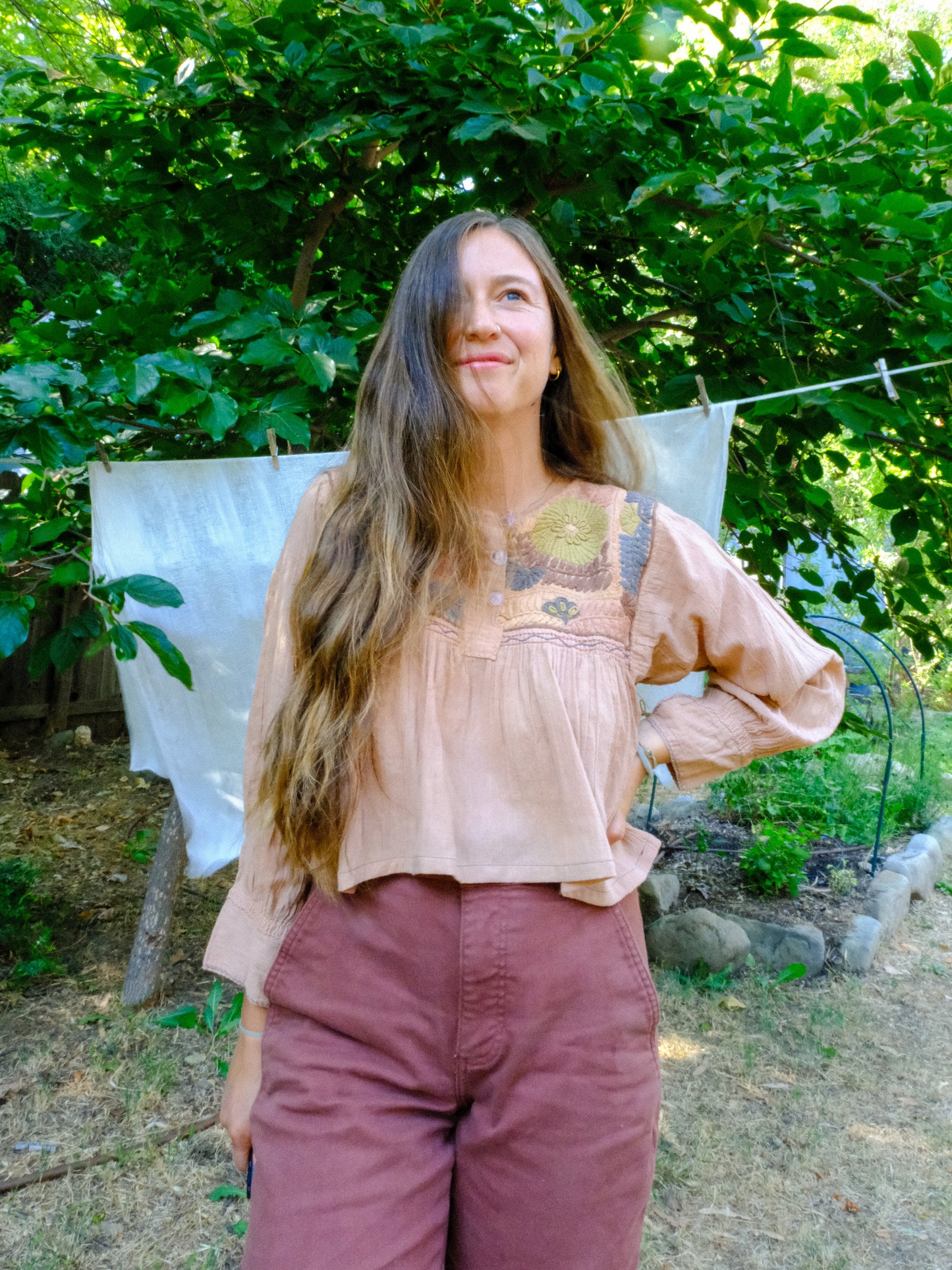 Cutch Embroidered Cotton Gauze Long Sleeve Crop