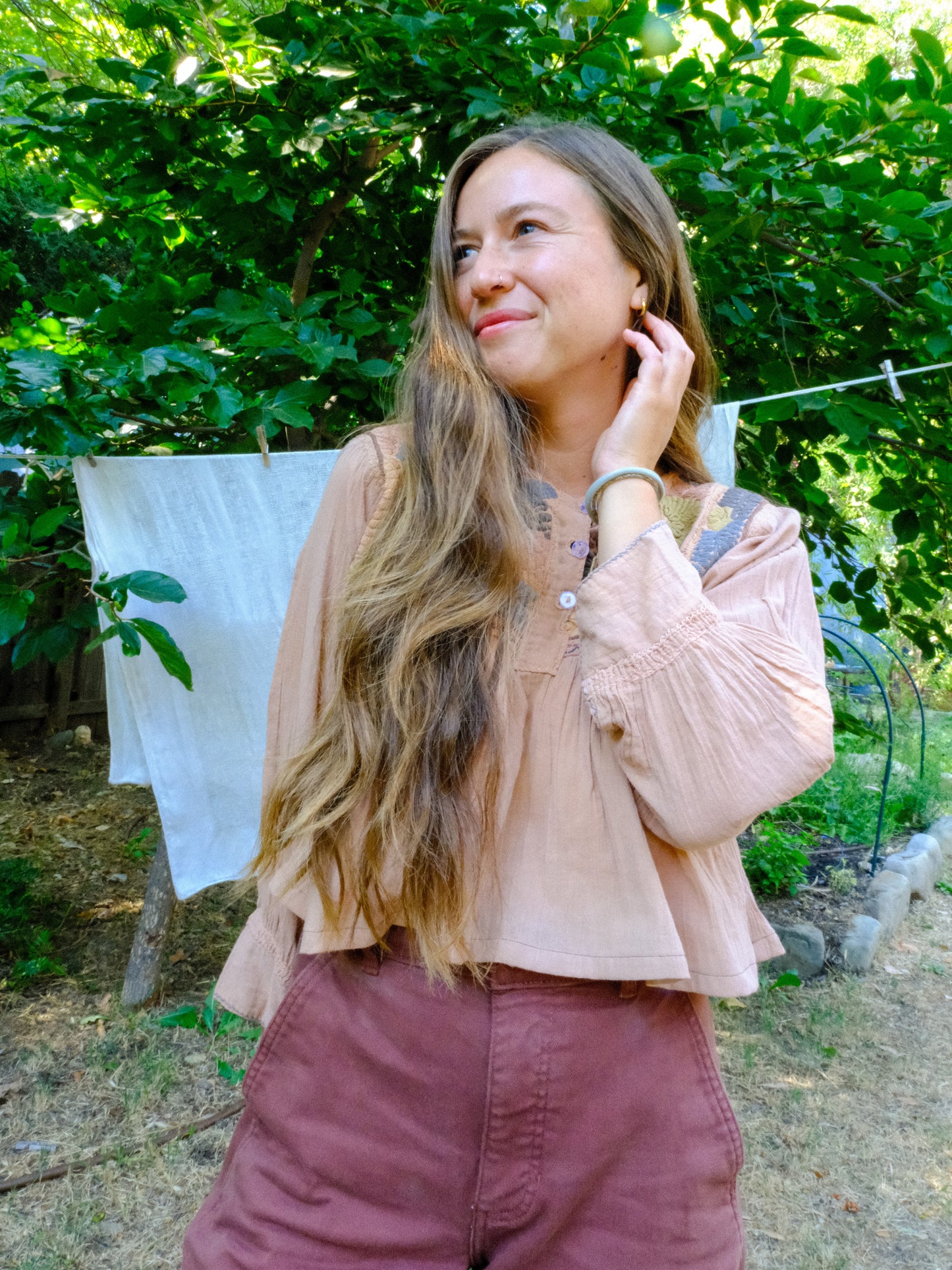 Cutch Embroidered Cotton Gauze Long Sleeve Crop