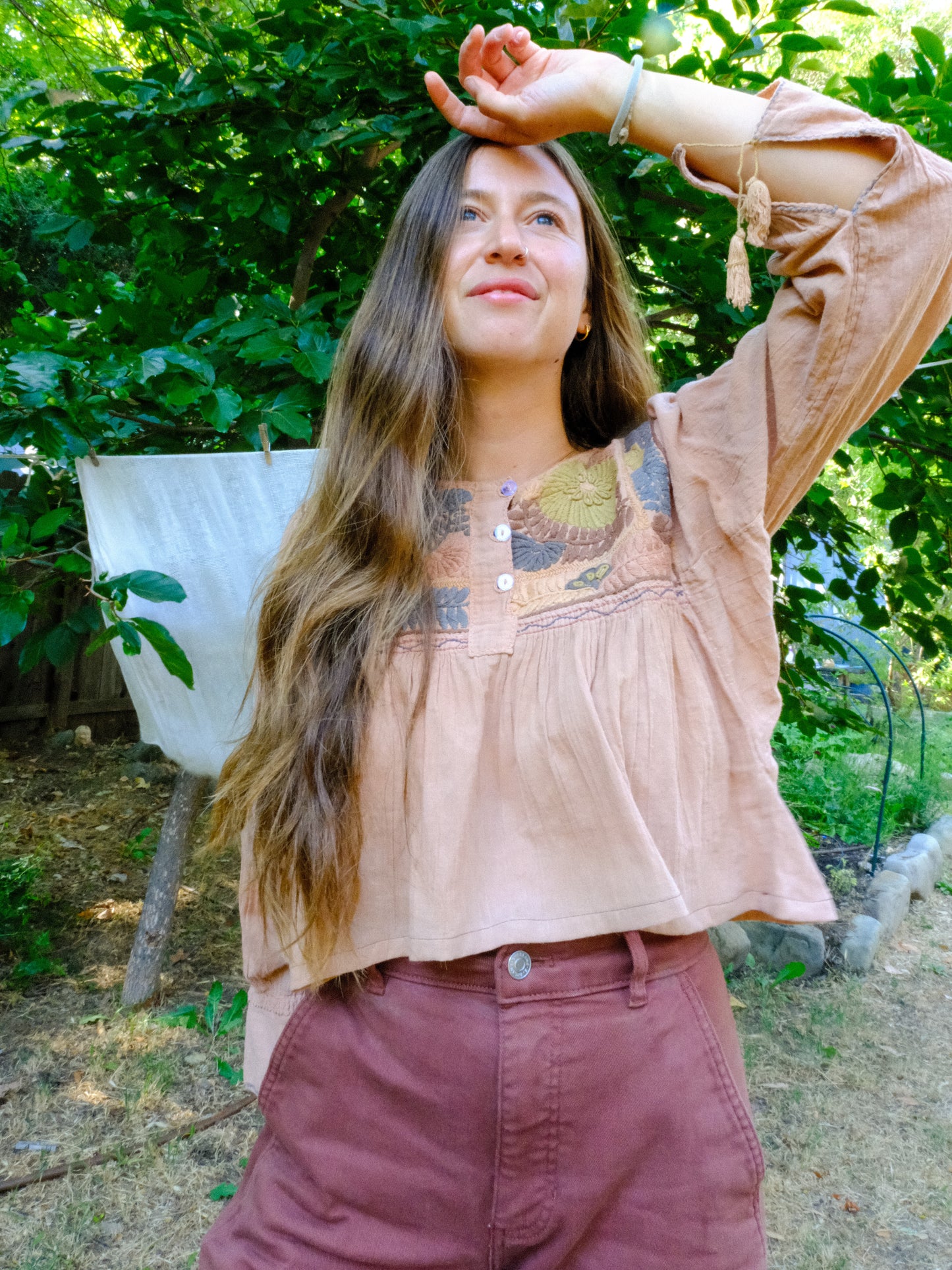 Cutch Embroidered Cotton Gauze Long Sleeve Crop