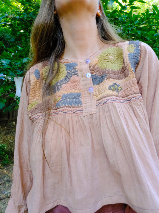 Cutch Embroidered Cotton Gauze Long Sleeve Crop