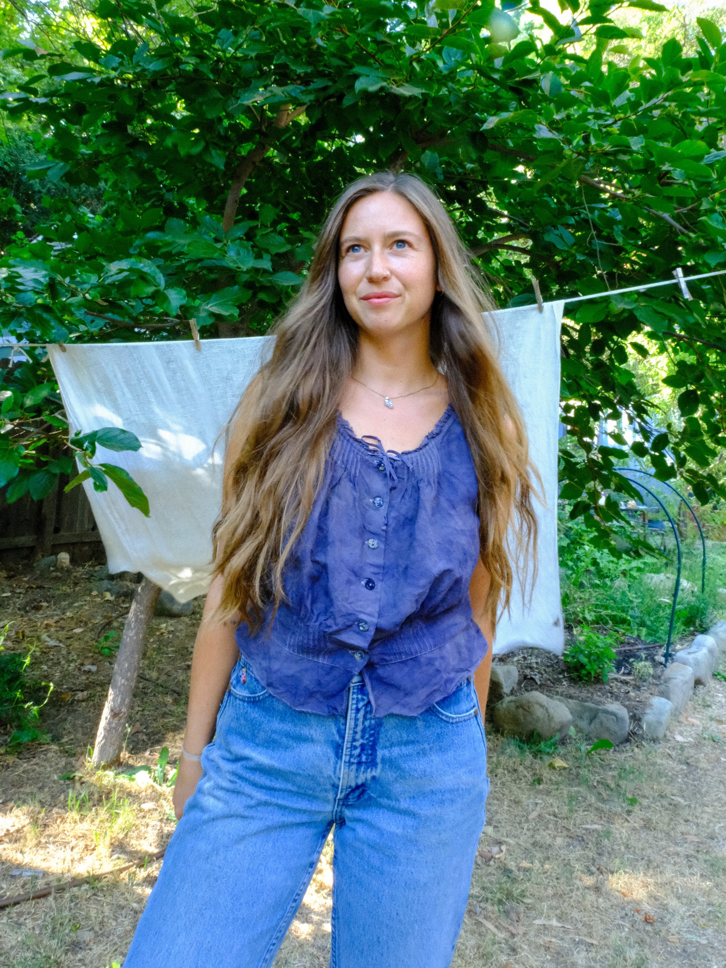 Logwood Elastic Waist Lace Ruffle Blouse