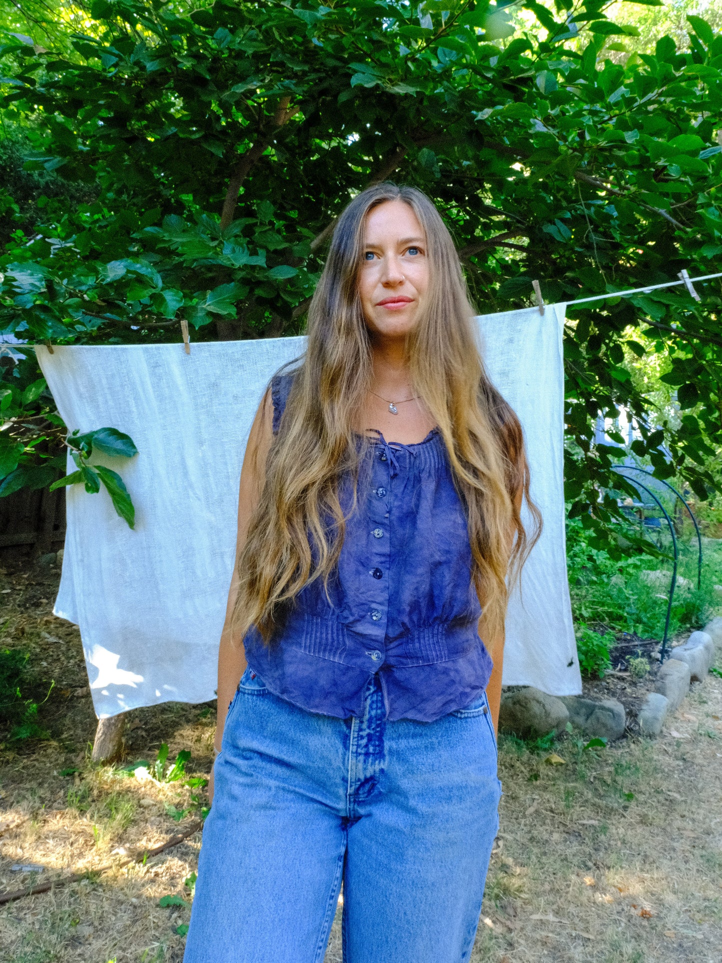 Logwood Elastic Waist Lace Ruffle Blouse