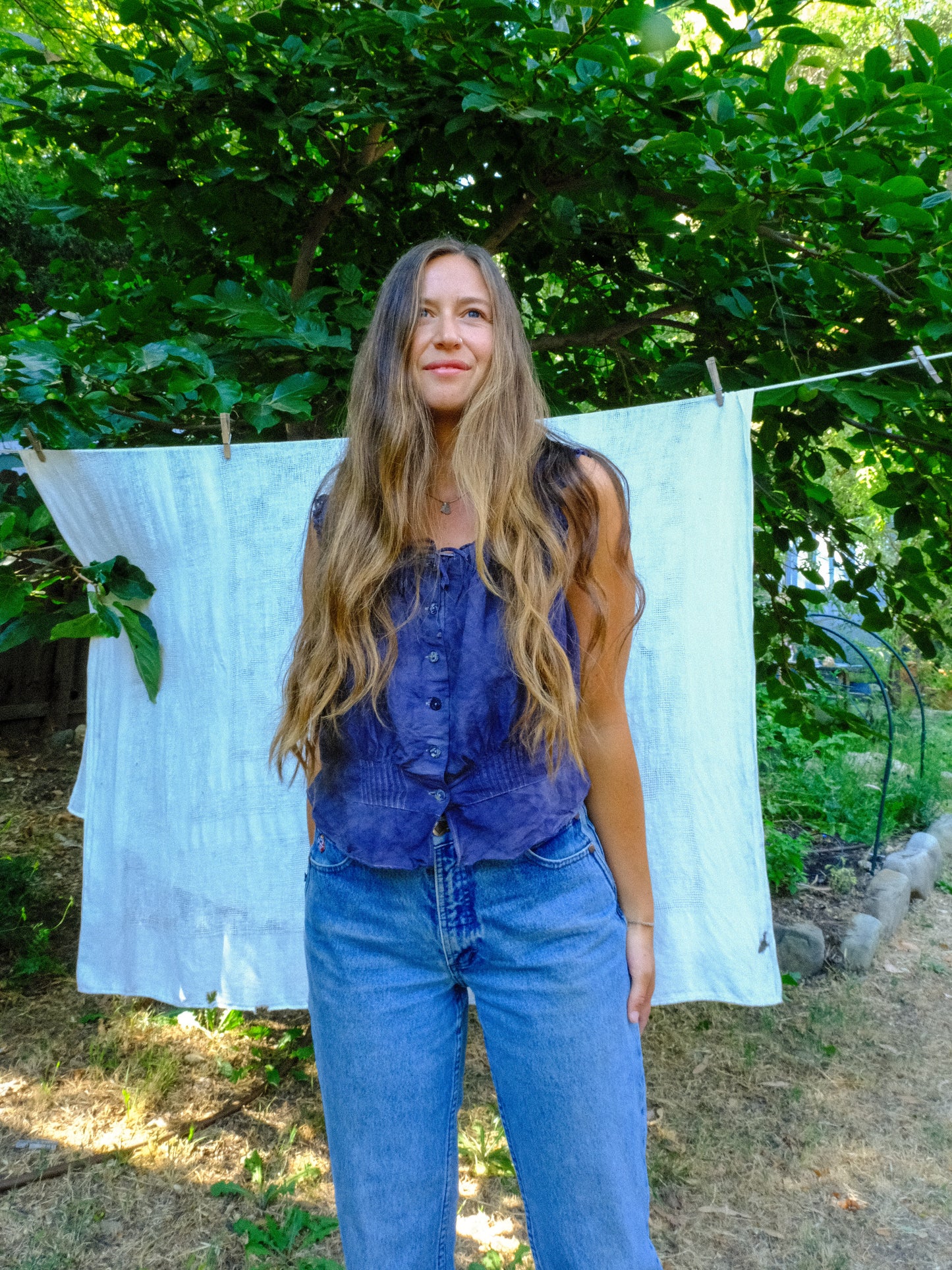 Logwood Elastic Waist Lace Ruffle Blouse