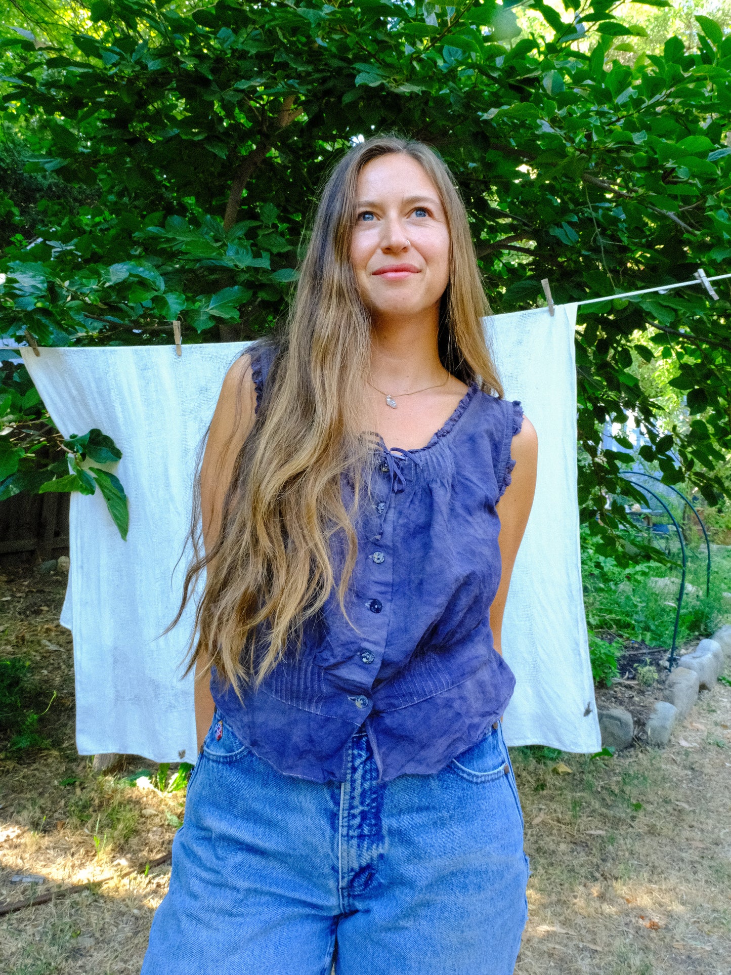 Logwood Elastic Waist Lace Ruffle Blouse