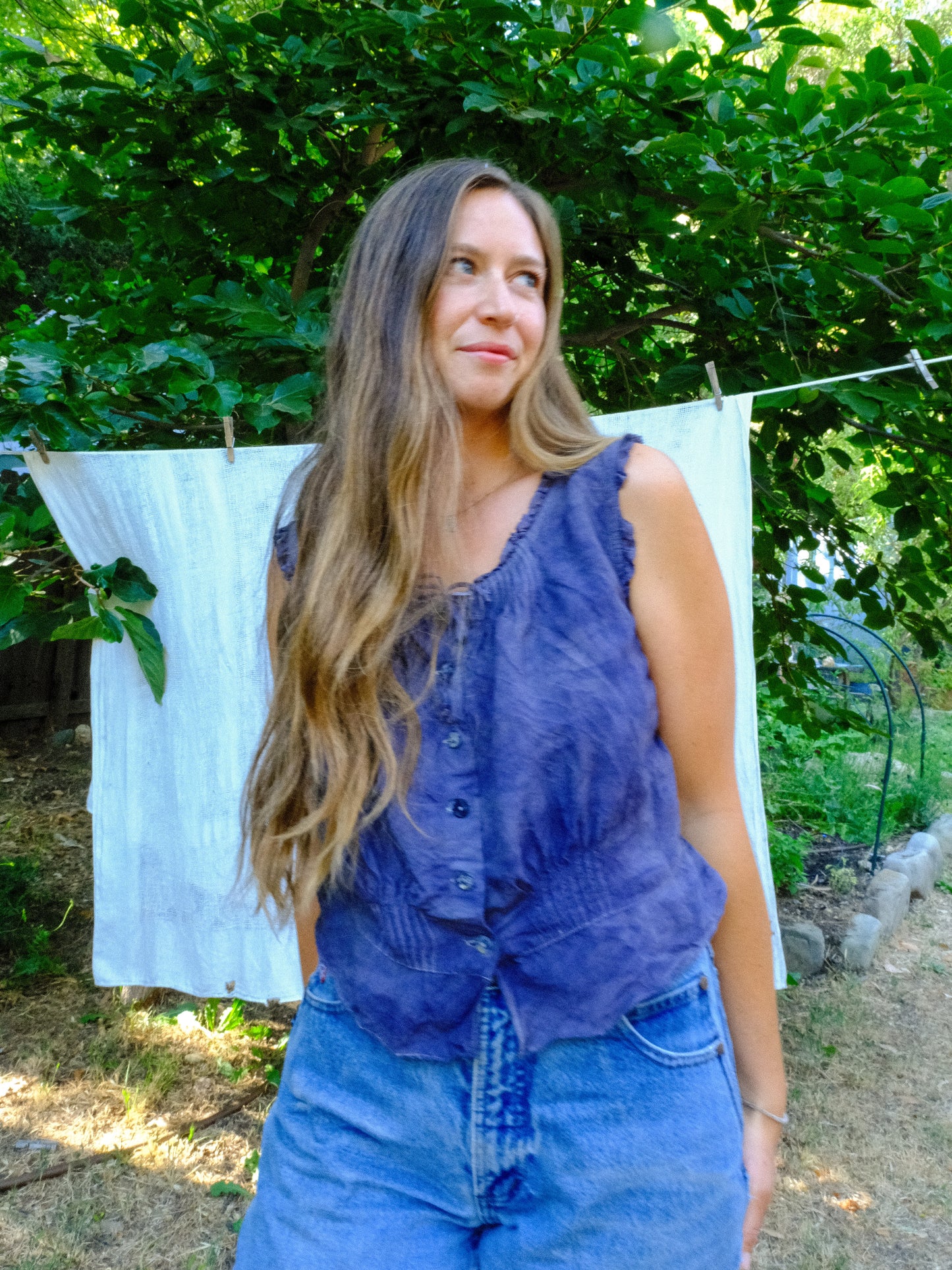 Logwood Elastic Waist Lace Ruffle Blouse