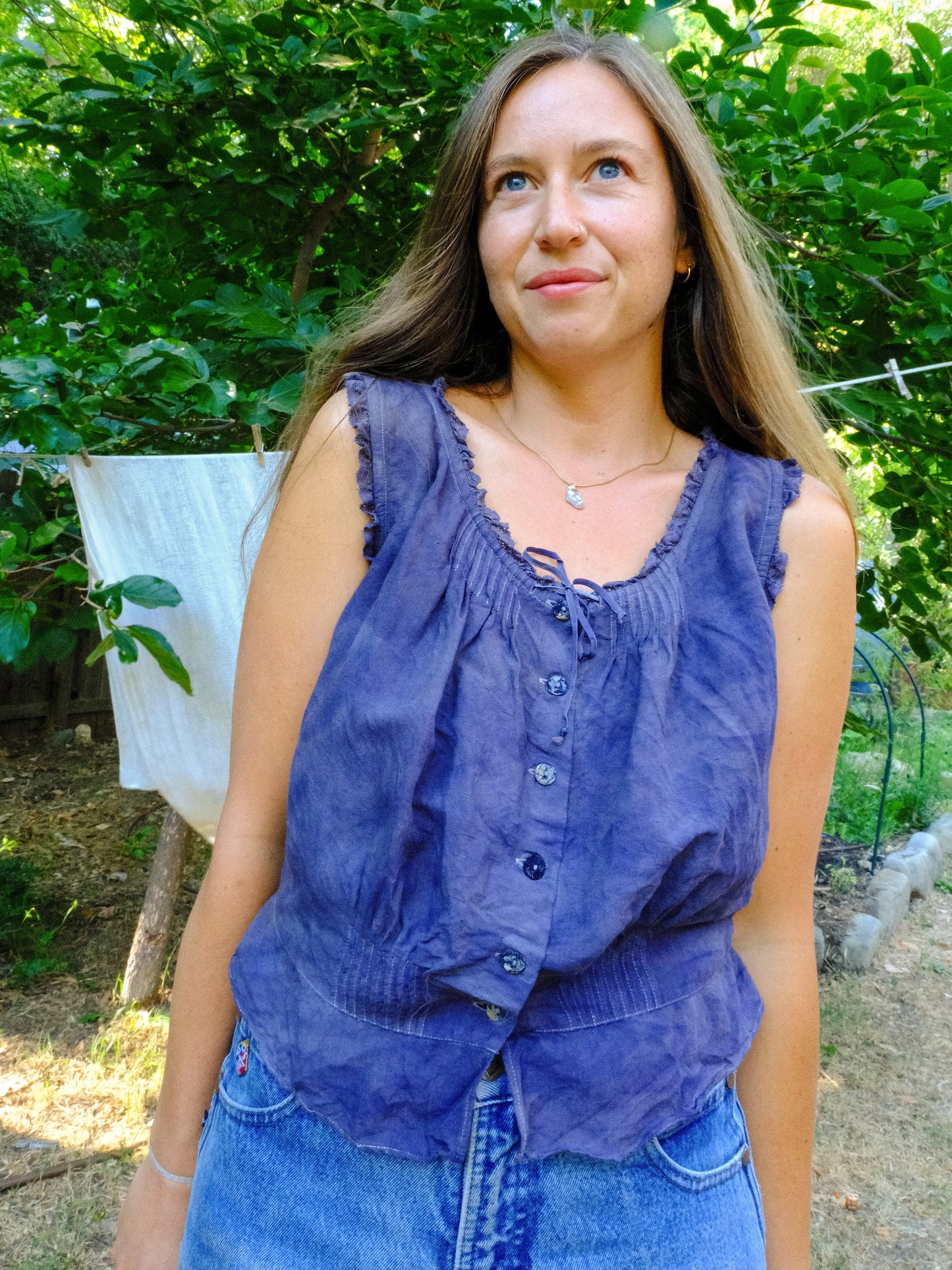 Logwood Elastic Waist Lace Ruffle Blouse