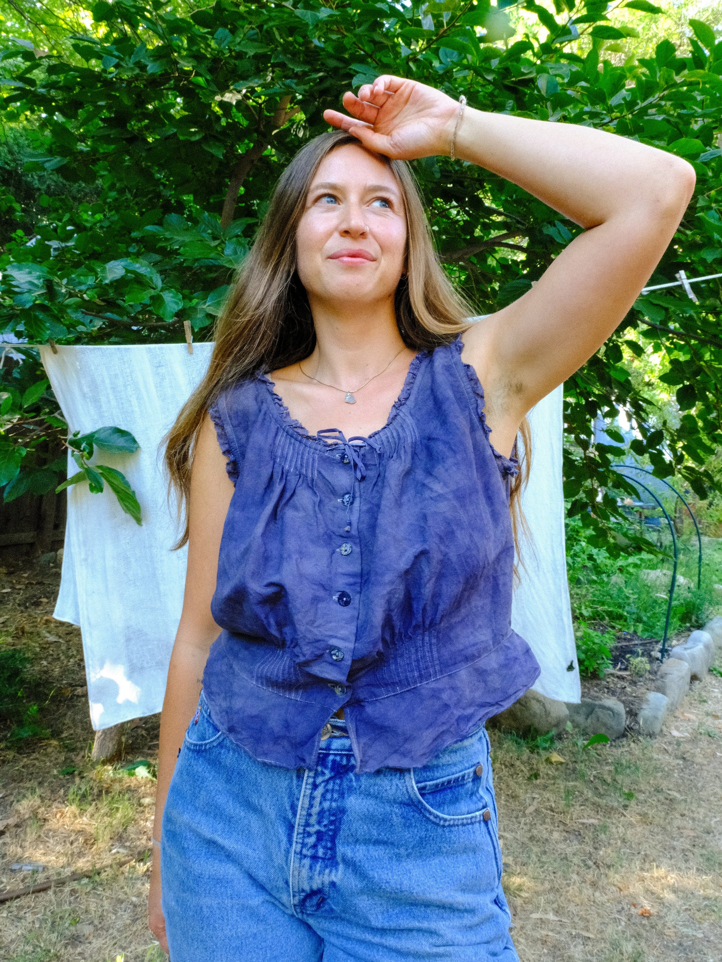 Logwood Elastic Waist Lace Ruffle Blouse