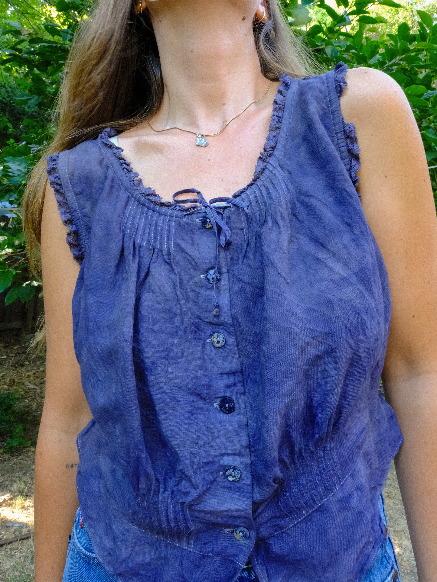 Logwood Elastic Waist Lace Ruffle Blouse