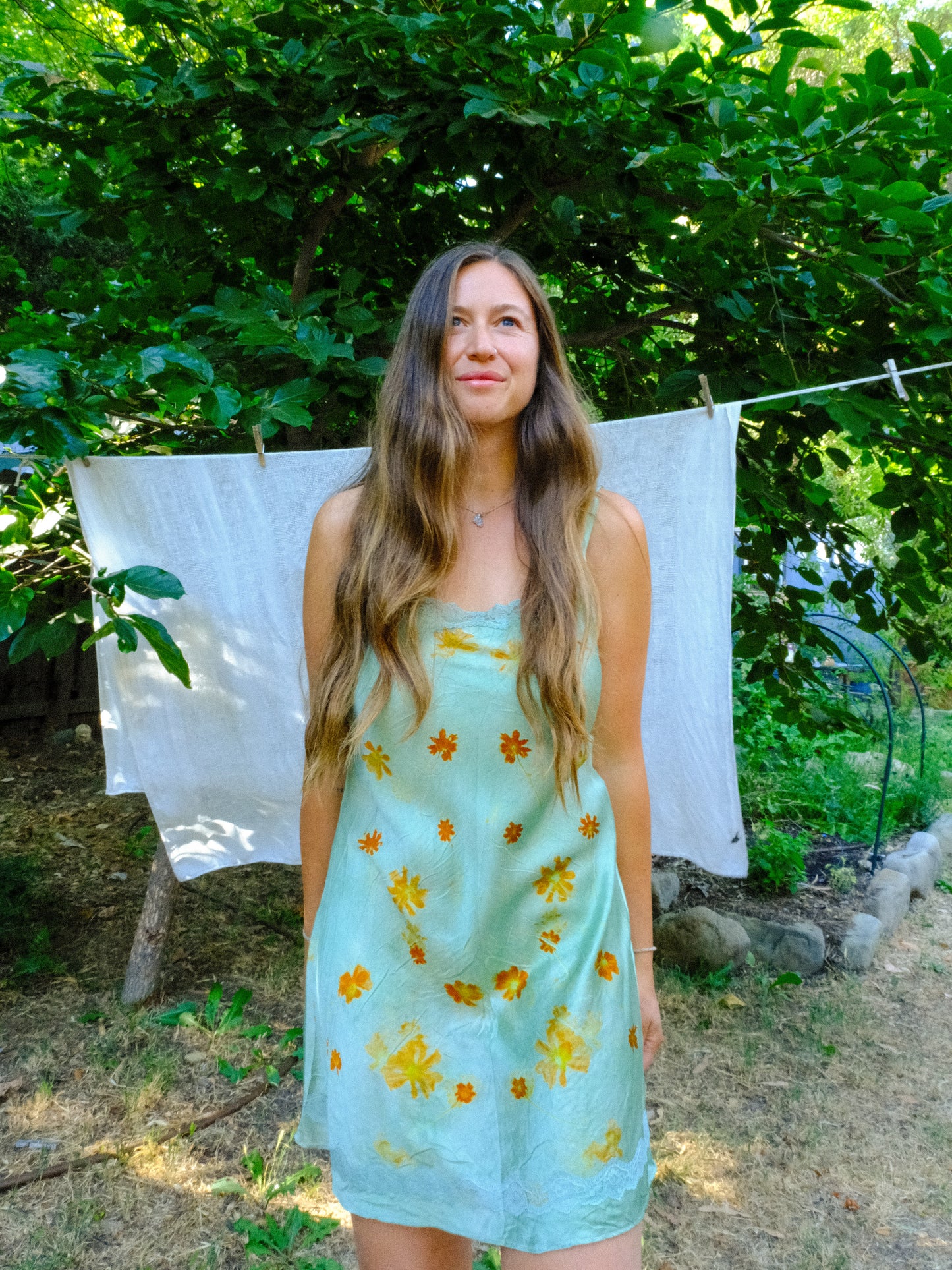 Chlorophyllin Eco-printed Silk Lace Embroidered Dress