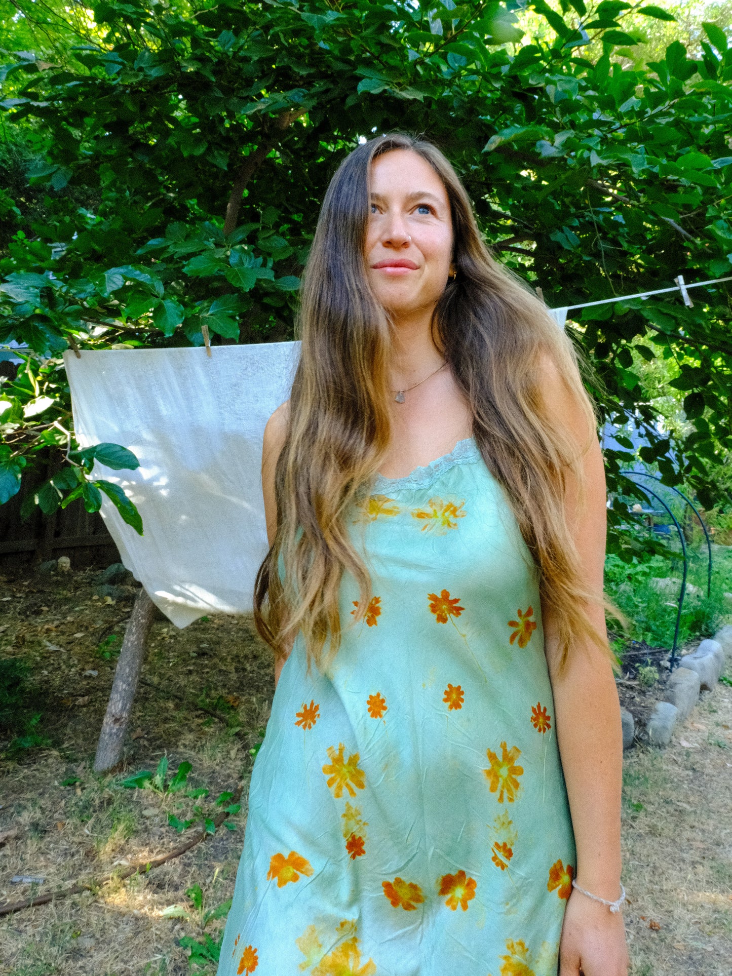 Chlorophyllin Eco-printed Silk Lace Embroidered Dress