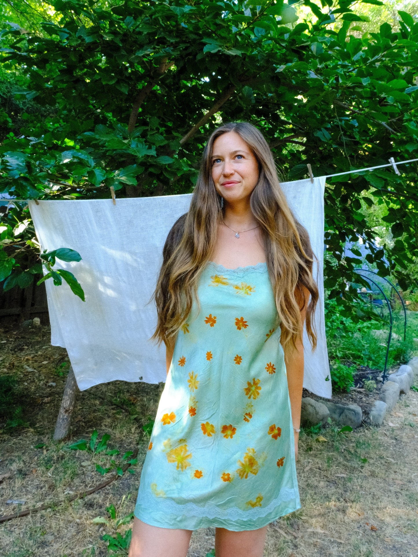 Chlorophyllin Eco-printed Silk Lace Embroidered Dress