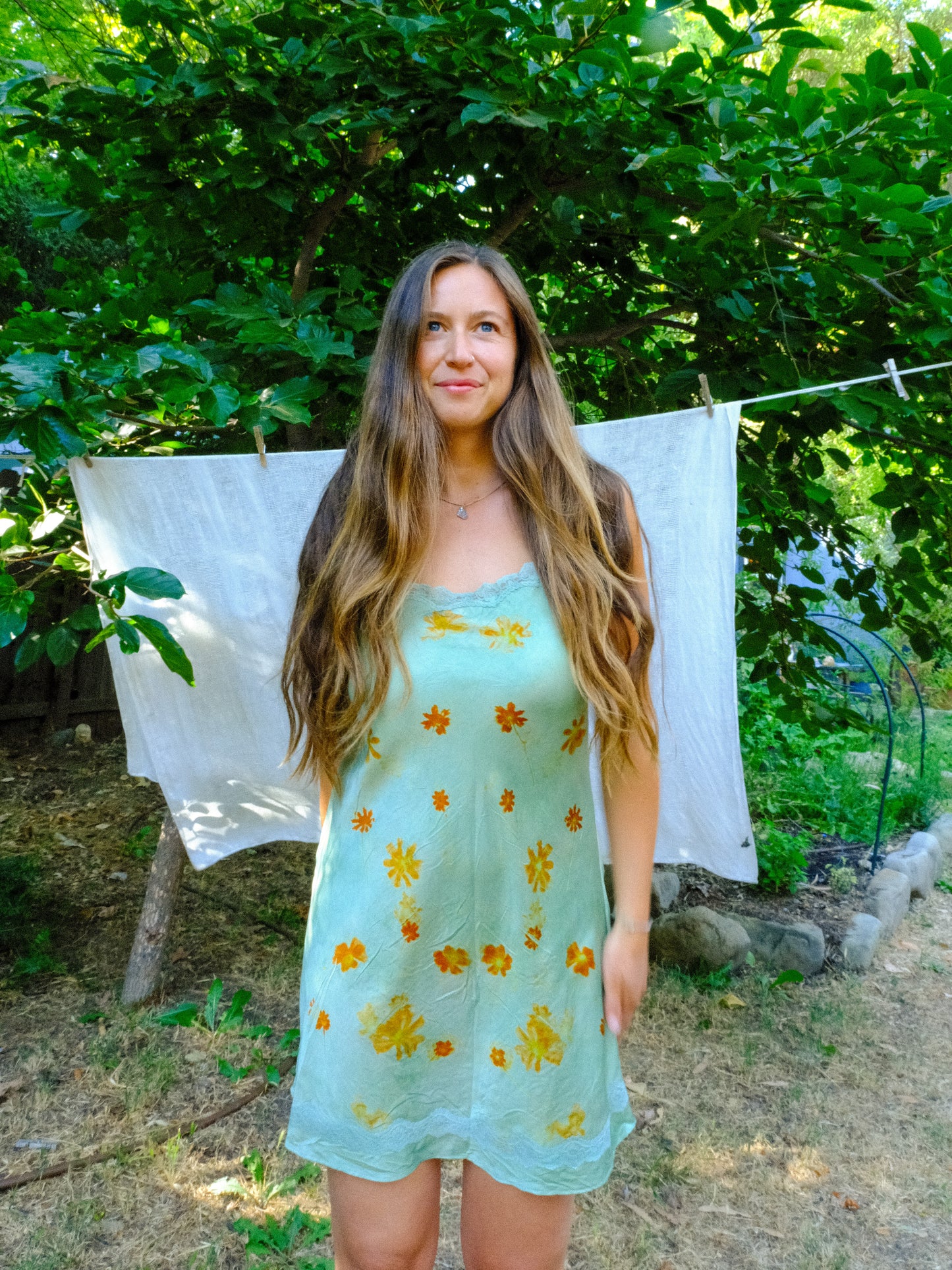 Chlorophyllin Eco-printed Silk Lace Embroidered Dress