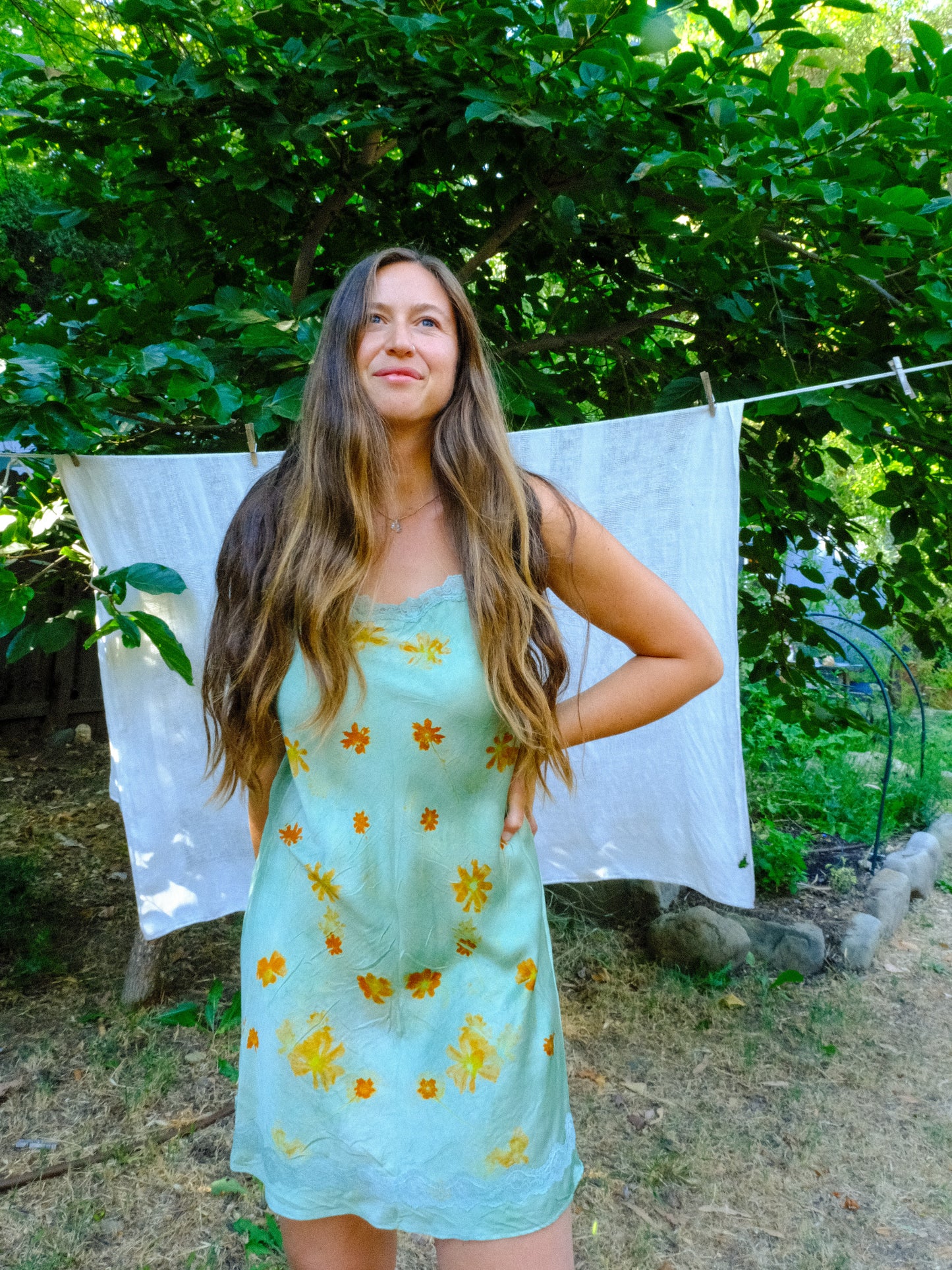 Chlorophyllin Eco-printed Silk Lace Embroidered Dress