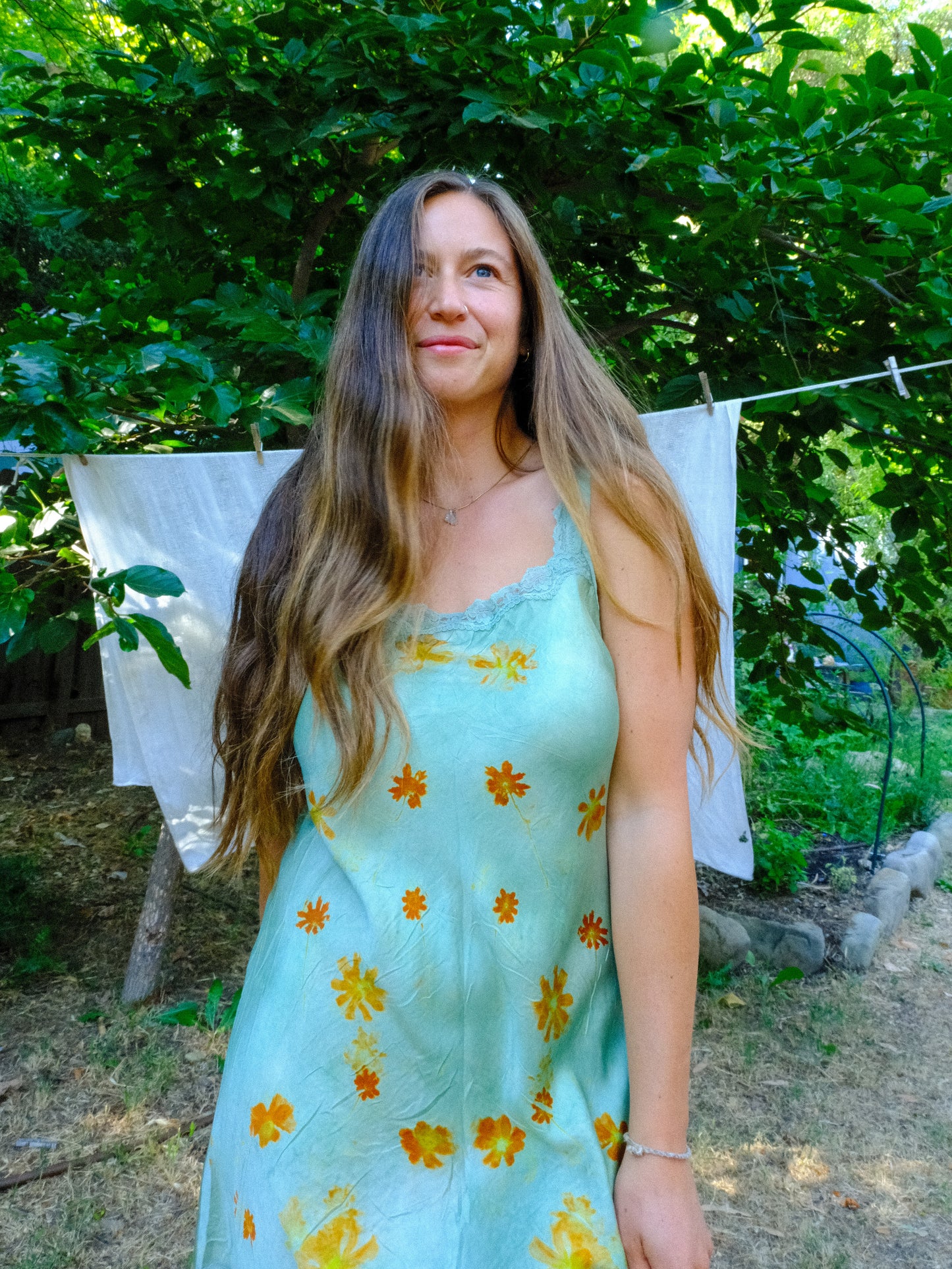 Chlorophyllin Eco-printed Silk Lace Embroidered Dress