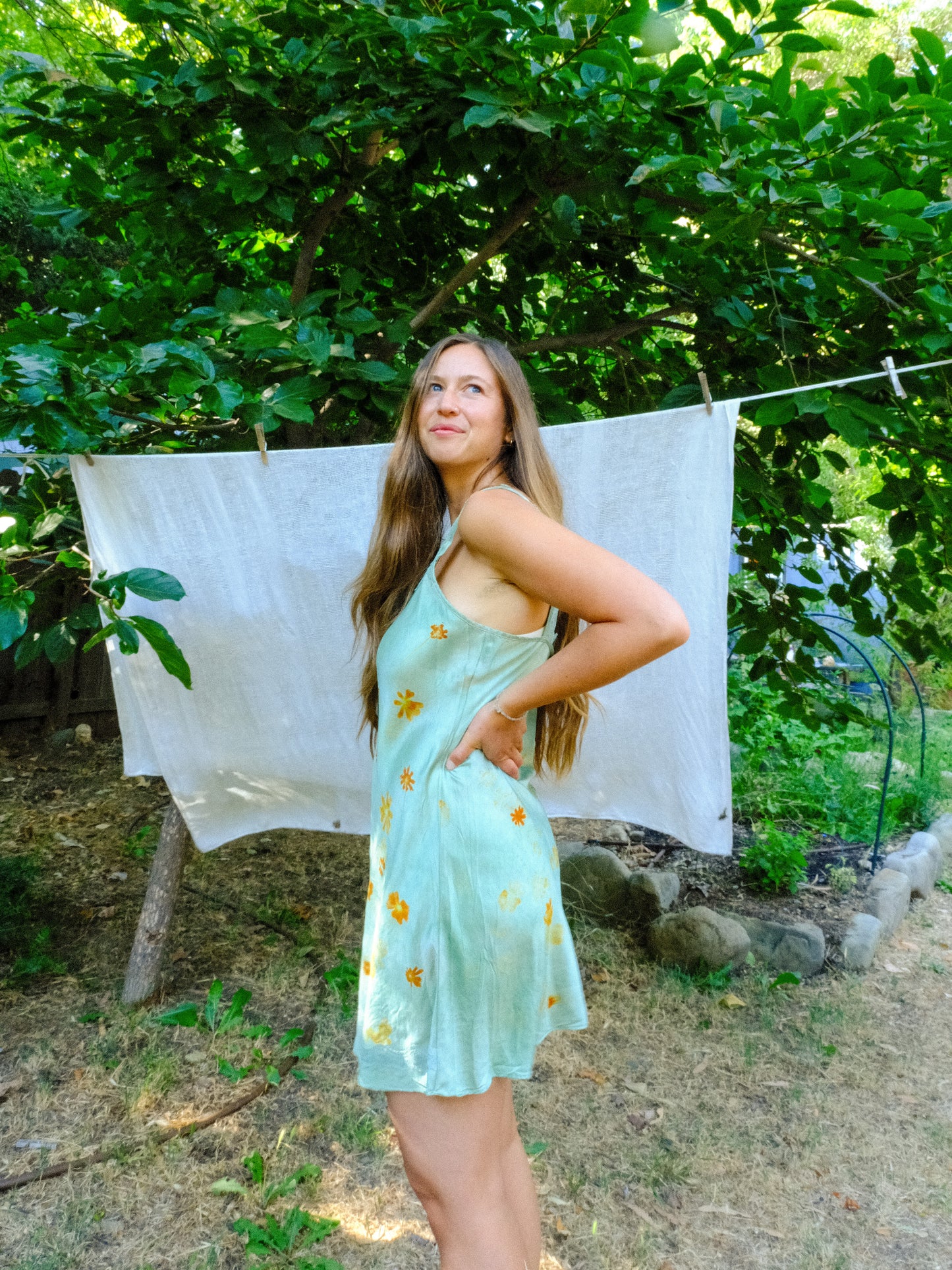 Chlorophyllin Eco-printed Silk Lace Embroidered Dress