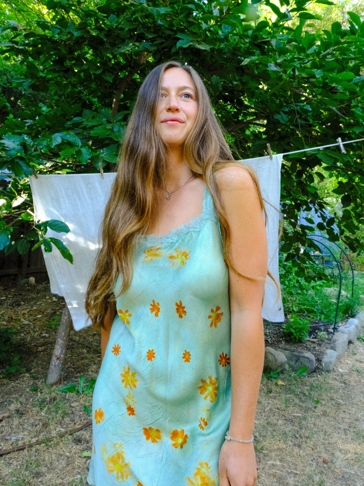 Chlorophyllin Eco-printed Silk Lace Embroidered Dress