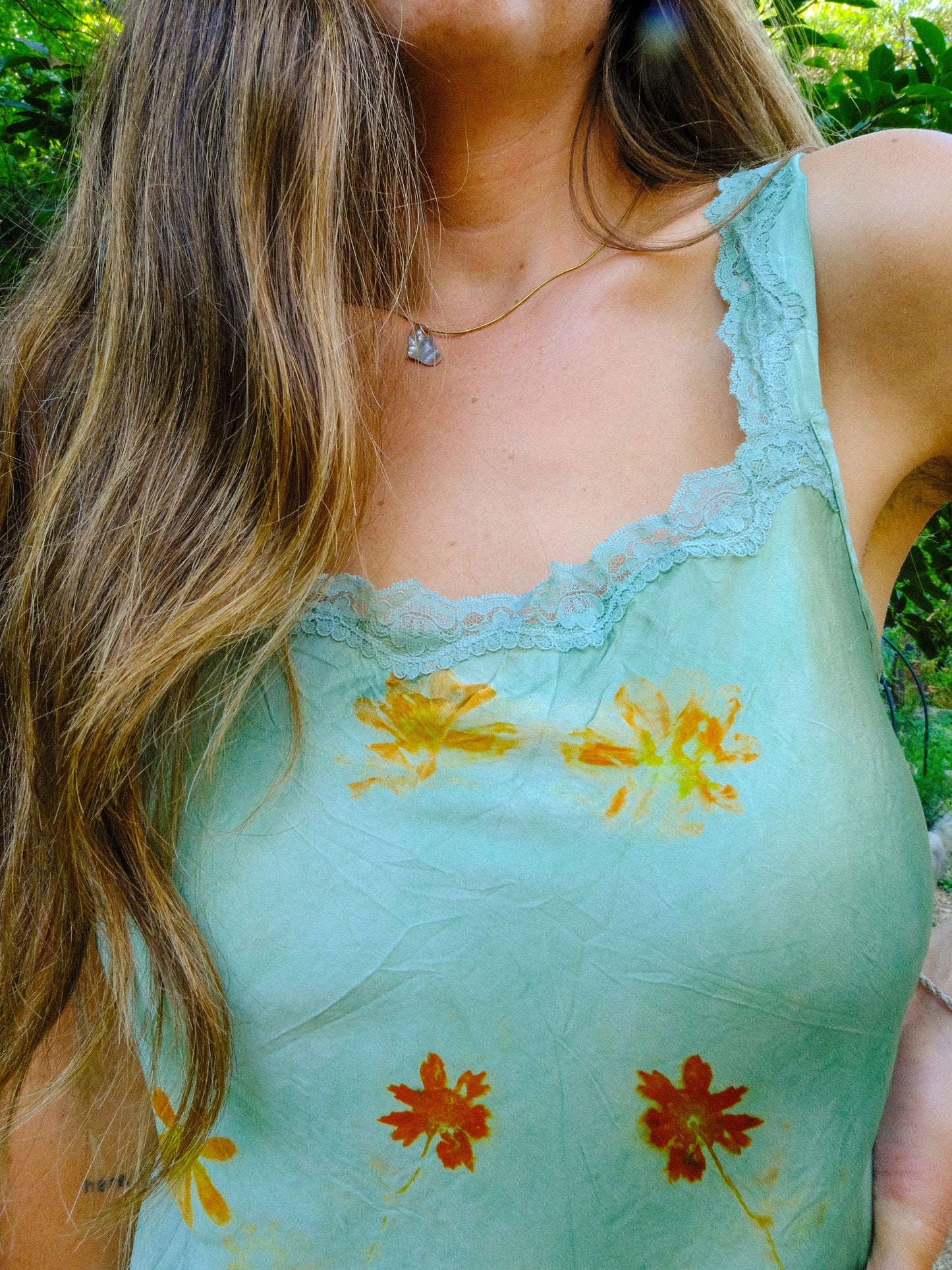 Chlorophyllin Eco-printed Silk Lace Embroidered Dress