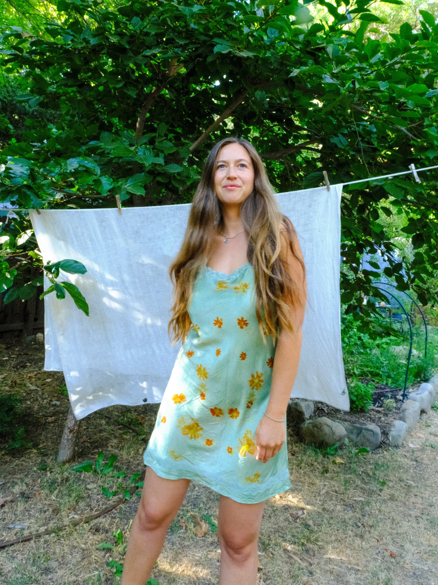 Chlorophyllin Eco-printed Silk Lace Embroidered Dress