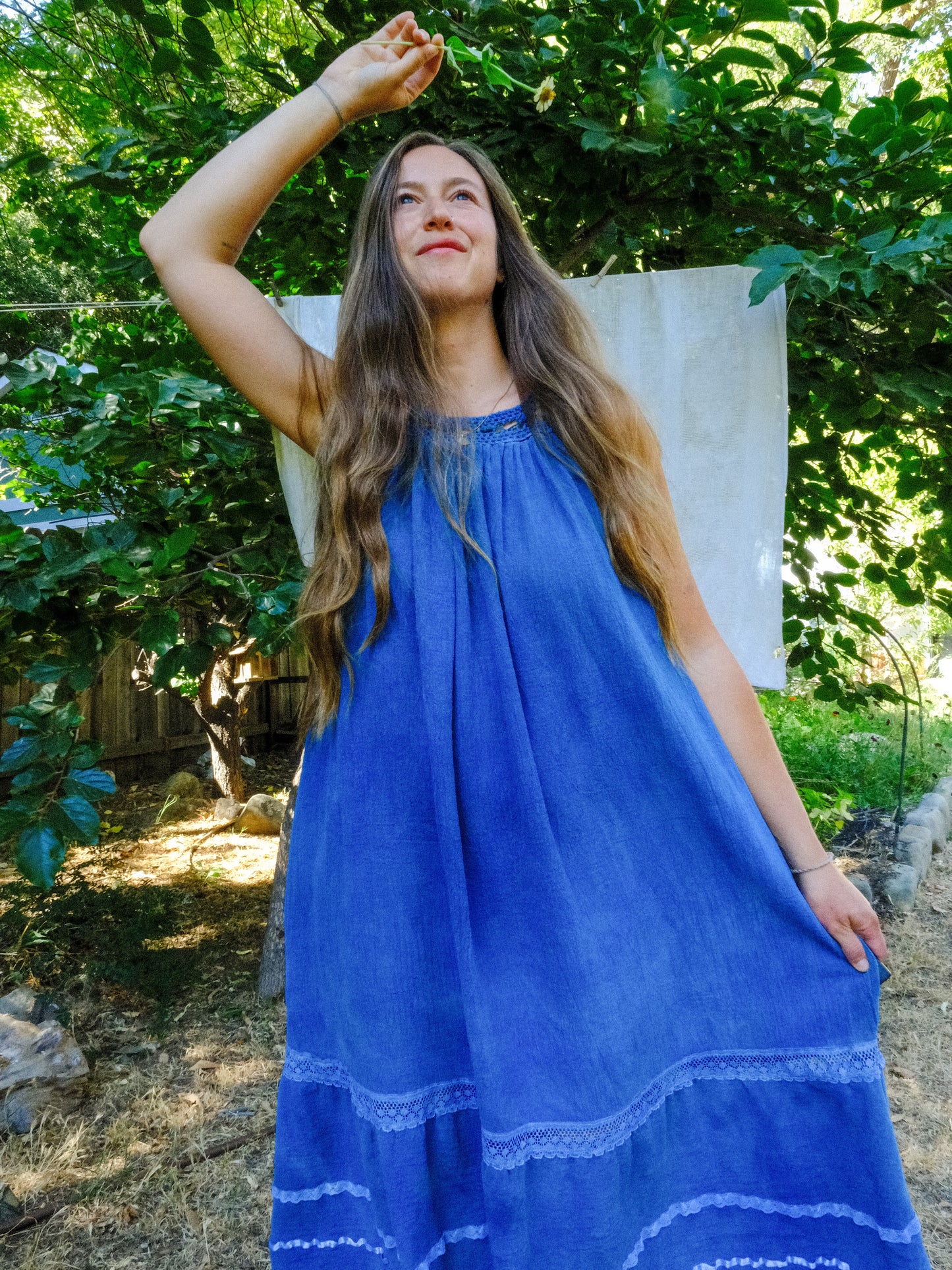 Indigo Cotton Gauze Crochet Yoke Dress