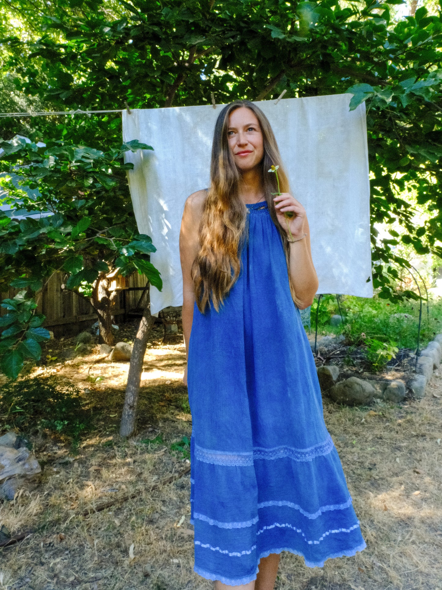 Indigo Cotton Gauze Crochet Yoke Dress