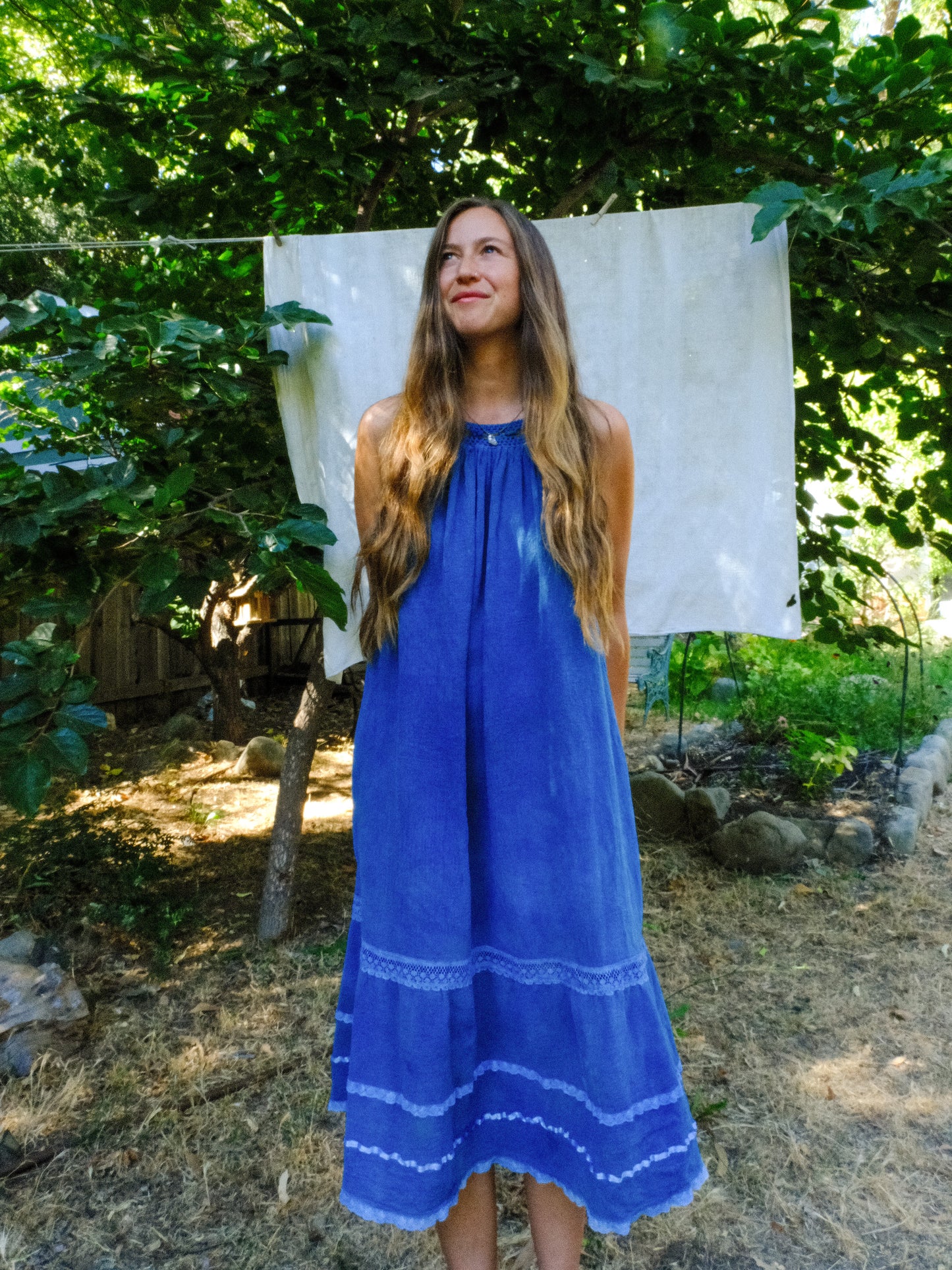 Indigo Cotton Gauze Crochet Yoke Dress