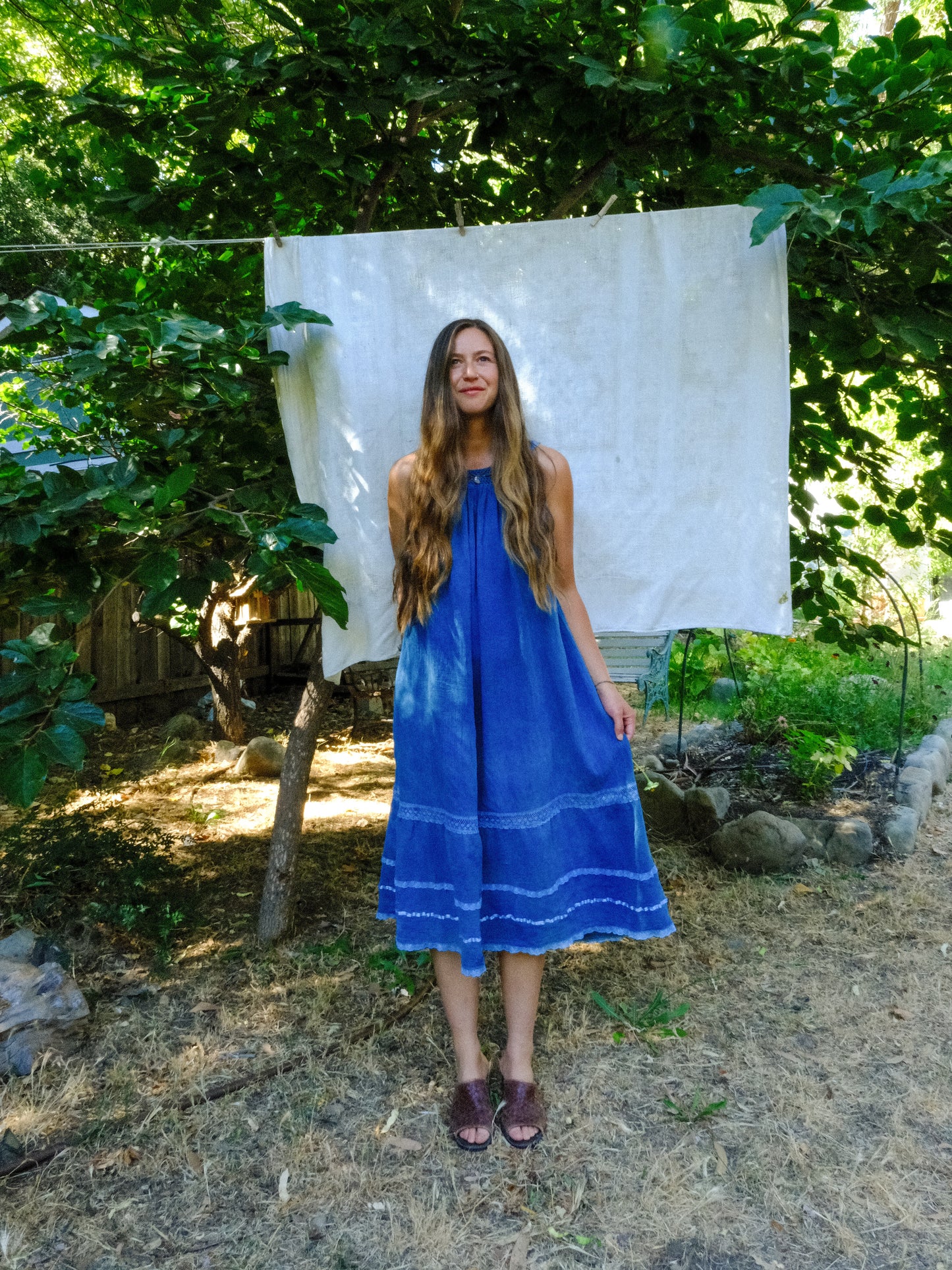Indigo Cotton Gauze Crochet Yoke Dress