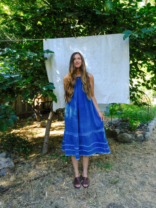 Indigo Cotton Gauze Crochet Yoke Dress