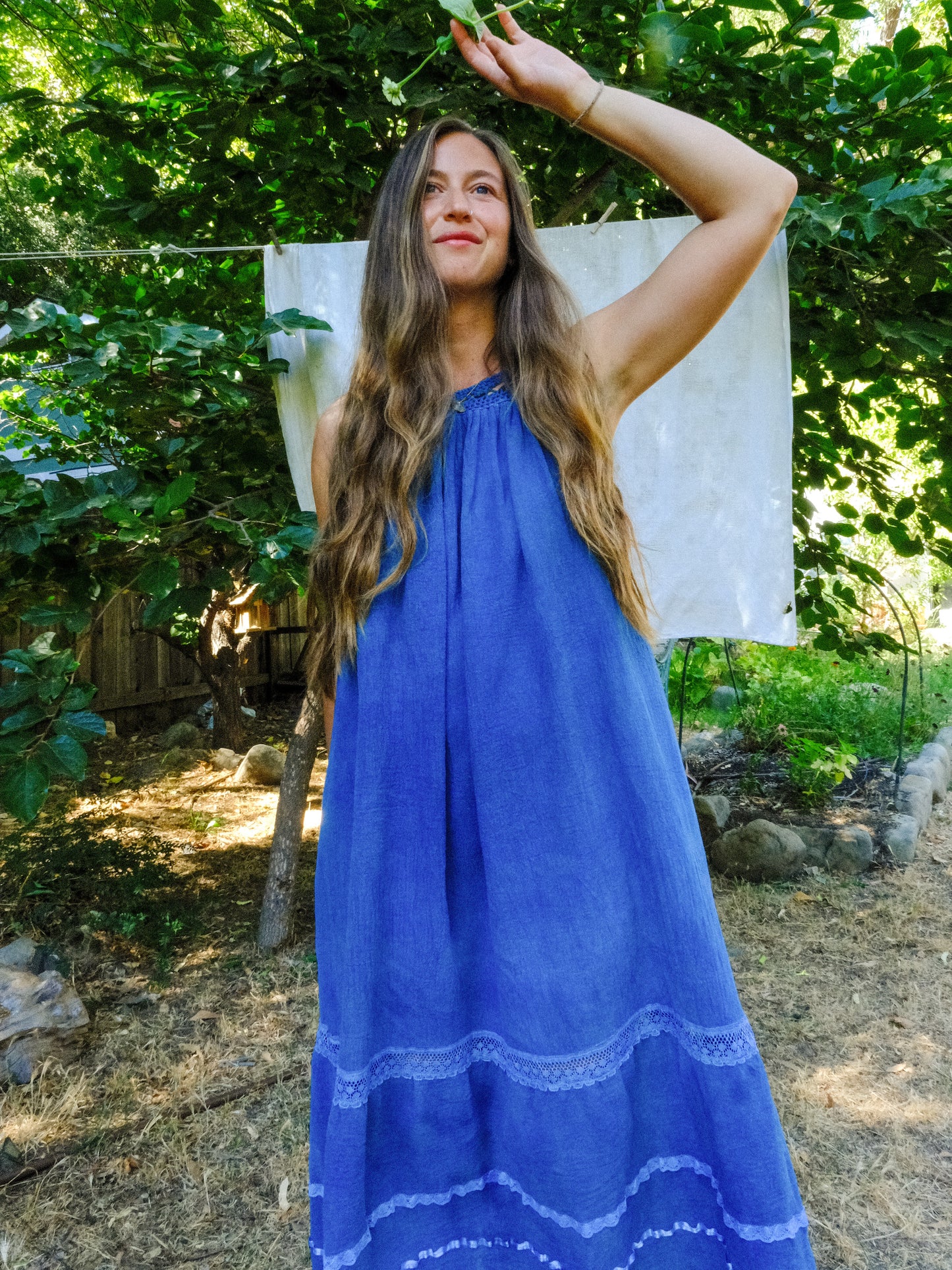 Indigo Cotton Gauze Crochet Yoke Dress